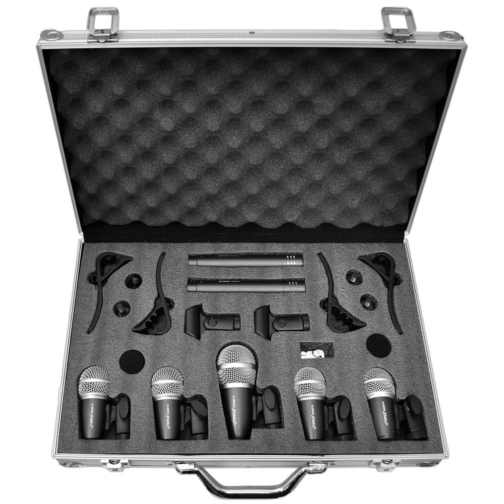 Pyle 7-Piece Wired Dynamic Kit-Kick Bass, Tom/Snare & Cymbals Microphone Set-for Drums, Vocal, & Other Instrument-Complete with 