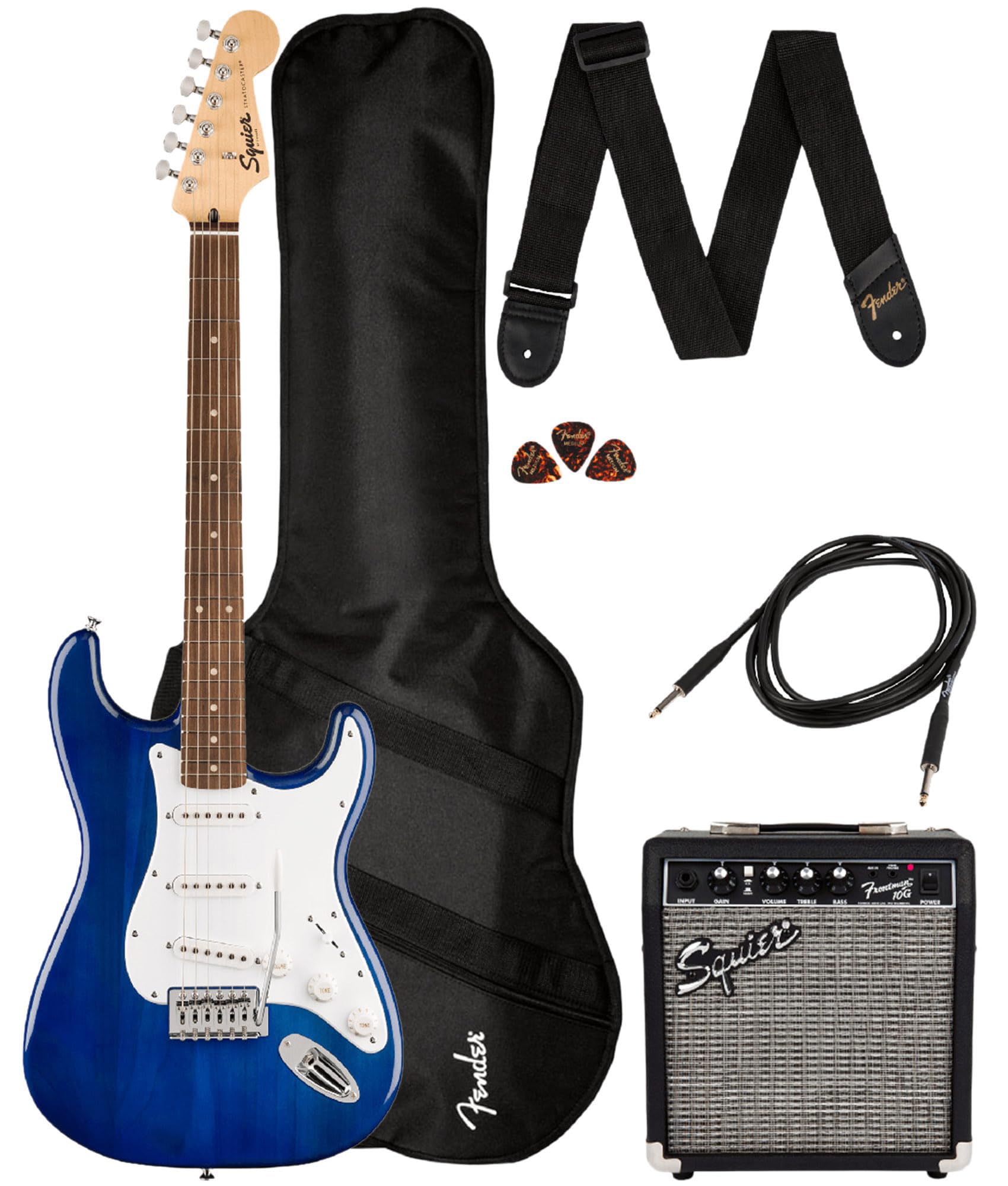 Fender Squier Sonic Stratocaster Pack - Sapphire Blue Transparent Bundle with Frontman 10G Amp, Gig Bag, Instrument Cable, Strap