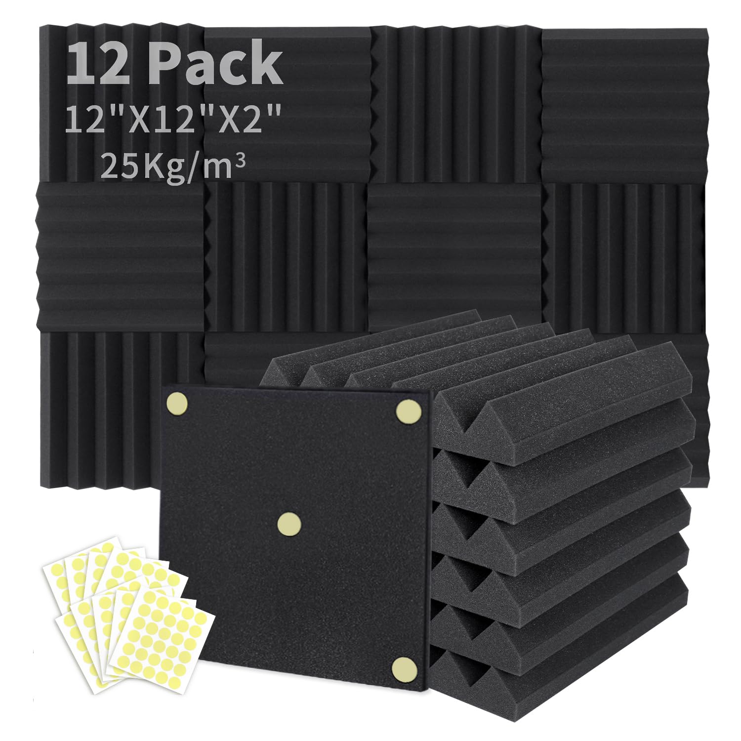 Focusound 12 Packs Acoustic Foam Panels Wedge 2'' X 12'' X 12'', Soundproofing Foam Noise Cancelling Foam With 60 Pcs Double-Sid