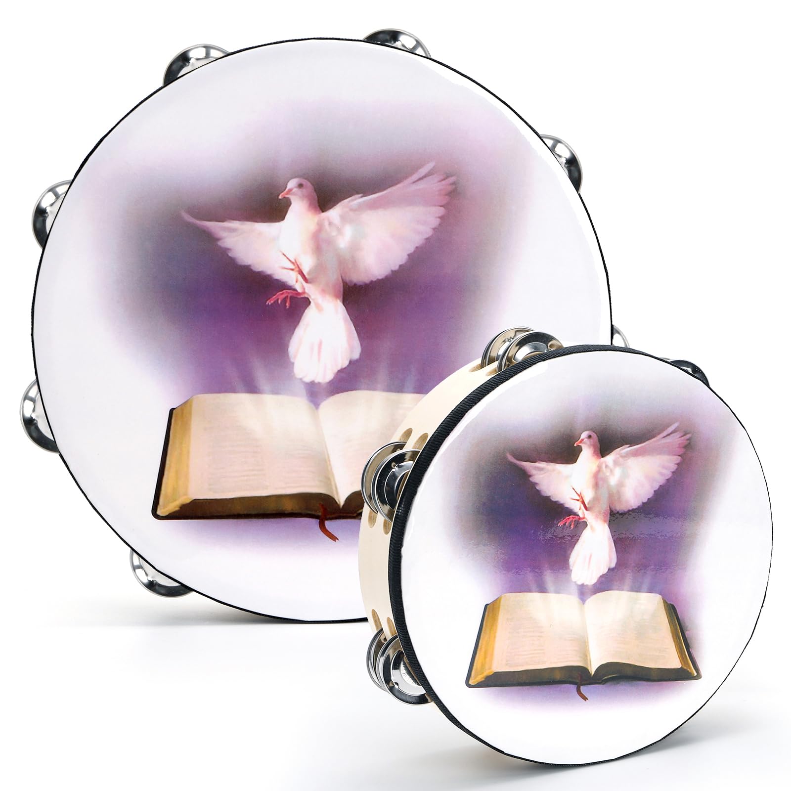Elsjoy 2 Pack 10 and 8 Dove & Bible Church Tambourine Set, Wooden Hand Held Percussion Tambourine with Double Row Jingles, Percu