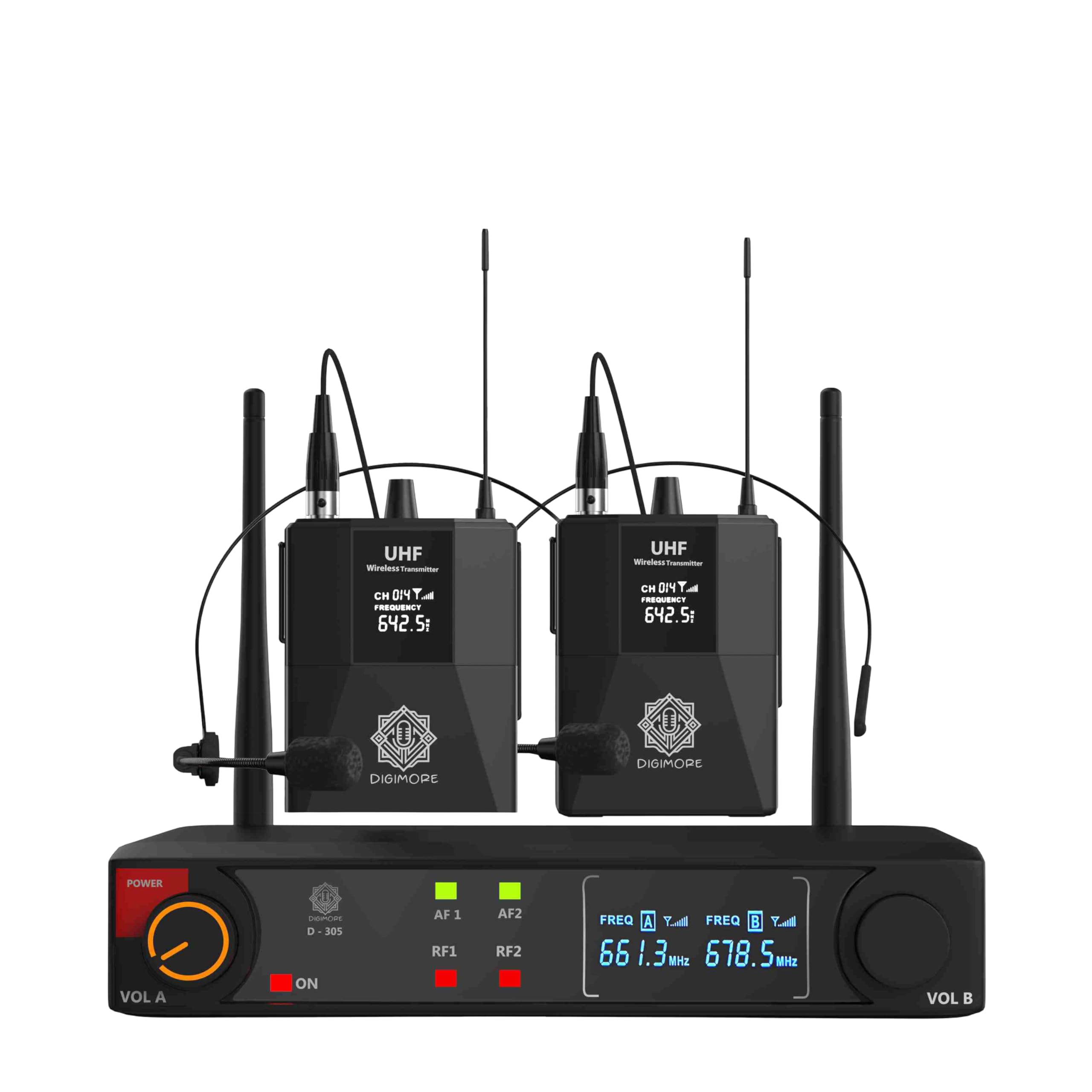 Digimore Dual Uhf Wireless Headset Microphones | Cardioid Pickup | 3-Pin Mini Xlr Mic |197Ft Range | Balanced Xlr Outputs | Idea