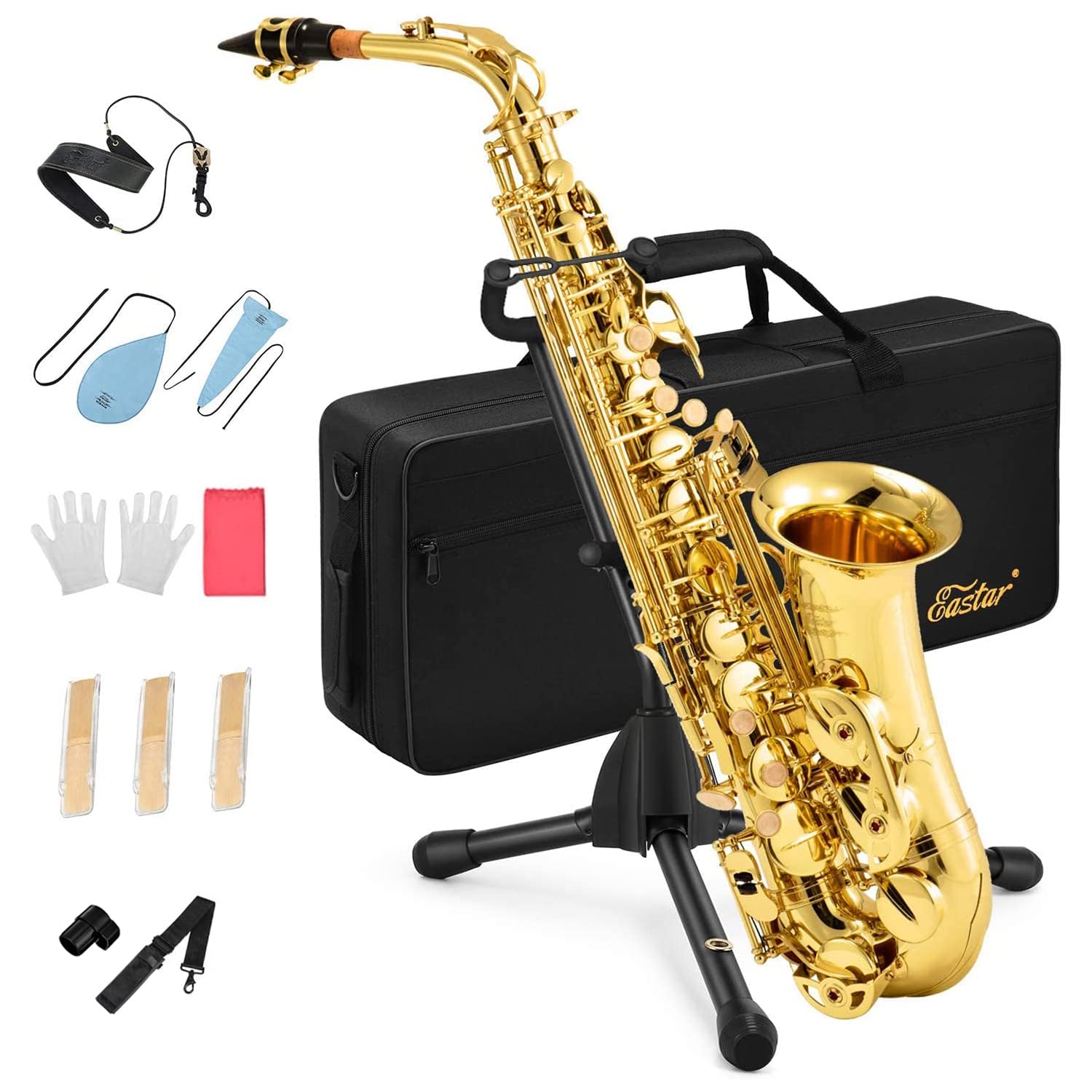 Eastar As-? Student Alto Saxophone E Flat Gold Lacquer Alto Beginner Sax Full Kit With Carrying Sax Case Mouthpiece Straps Reeds