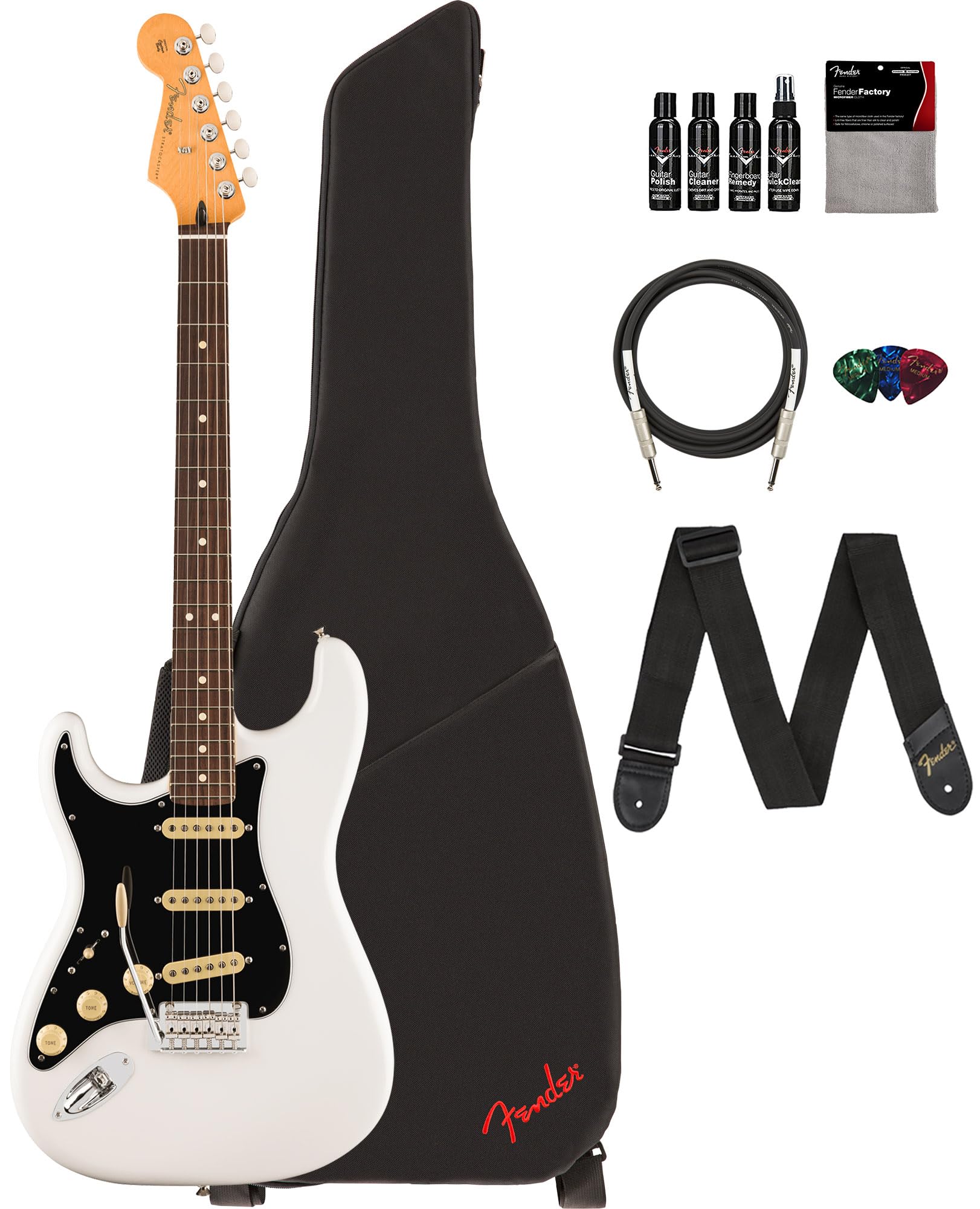 Fender Player Ii Stratocaster Left-Handed - Polar White Bundle With Gig Bag, Strap, Cable, 3-Pack Picks And Guitar Cleaning Kit