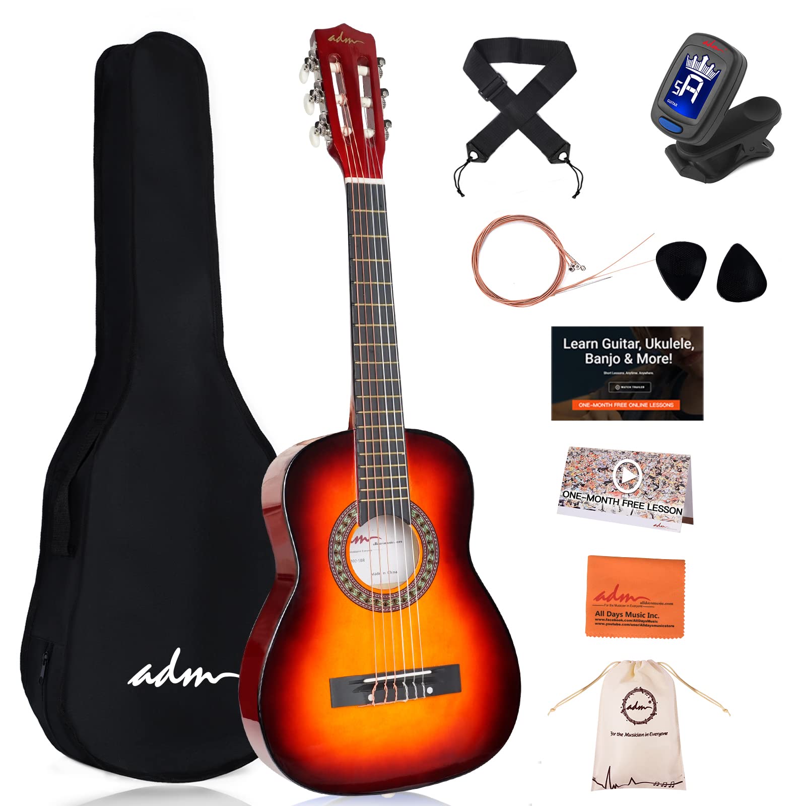 Adm Beginner Acoustic Classical Guitar 30 Inch Nylon Strings Wooden Guitar Bundle Kit For Kid Boy Girl Student Youth Guitarra On