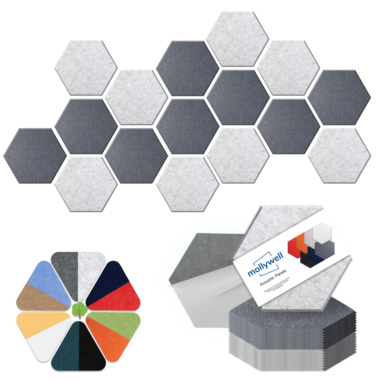 Mollywell Hexagon Acoustic Panels, High Density, Soundproofing, Decorative Noise Reduction Felt Wall Tiles For Ceilings, Home Of