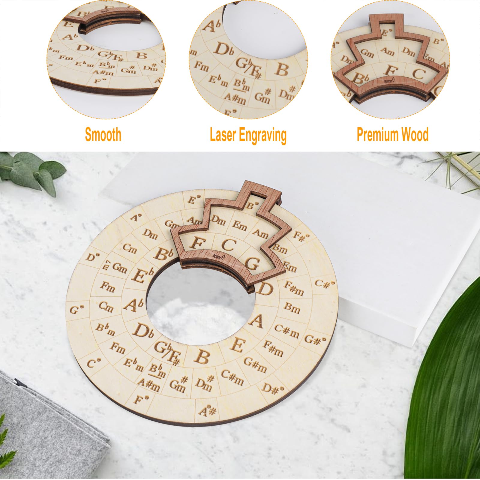 Round Melody Chord Tool with Guitar Chord Chart, 6.3 inches Circle of Fifths Wheel Melody Tool, Large Size Notes Chords Key Sign