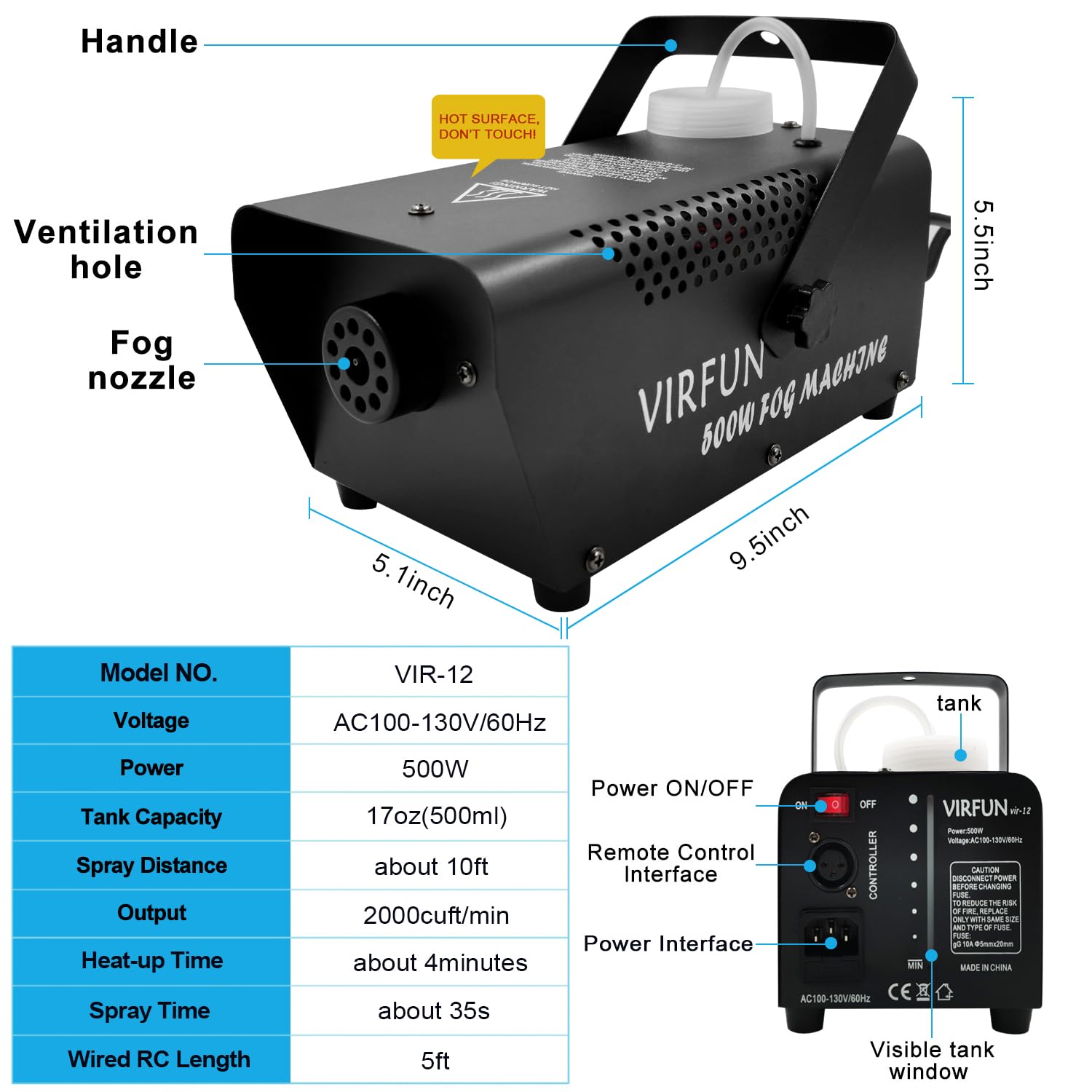 Automatic Smoke Machine, VIRFUN Fog Machine with Auto Mode and Wired Remote Control for Outdoor, Wedding, Indoor, Halloween, Par