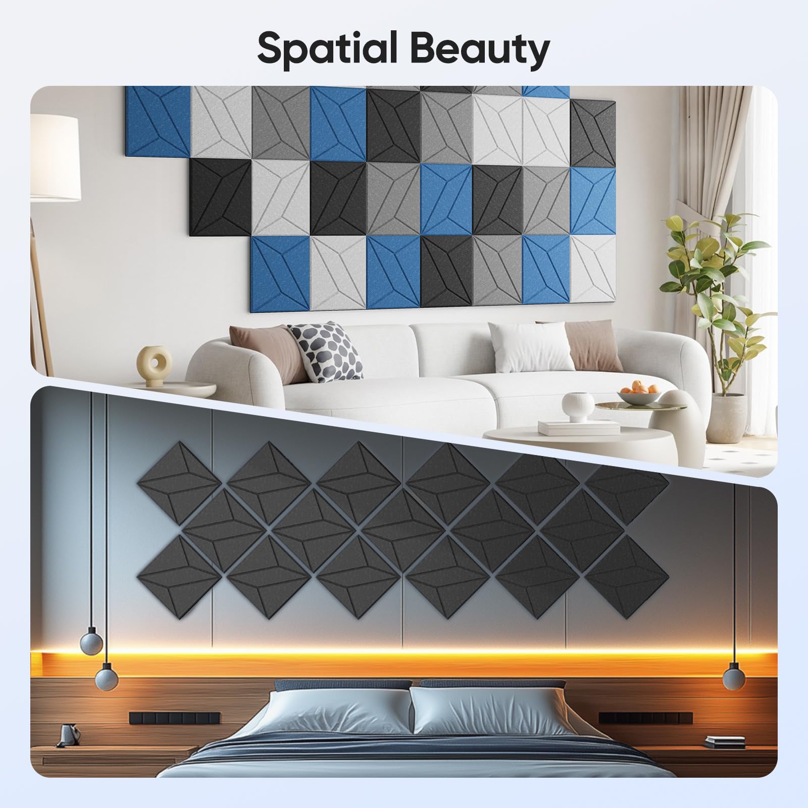 UNECHO 12 Pack 11.8'' X 11.8'' X 0.4'' Acoustic Panels for Wall Sound Absorbing, P-Stripes Square Self-Adhesive Sound Panel, Hig