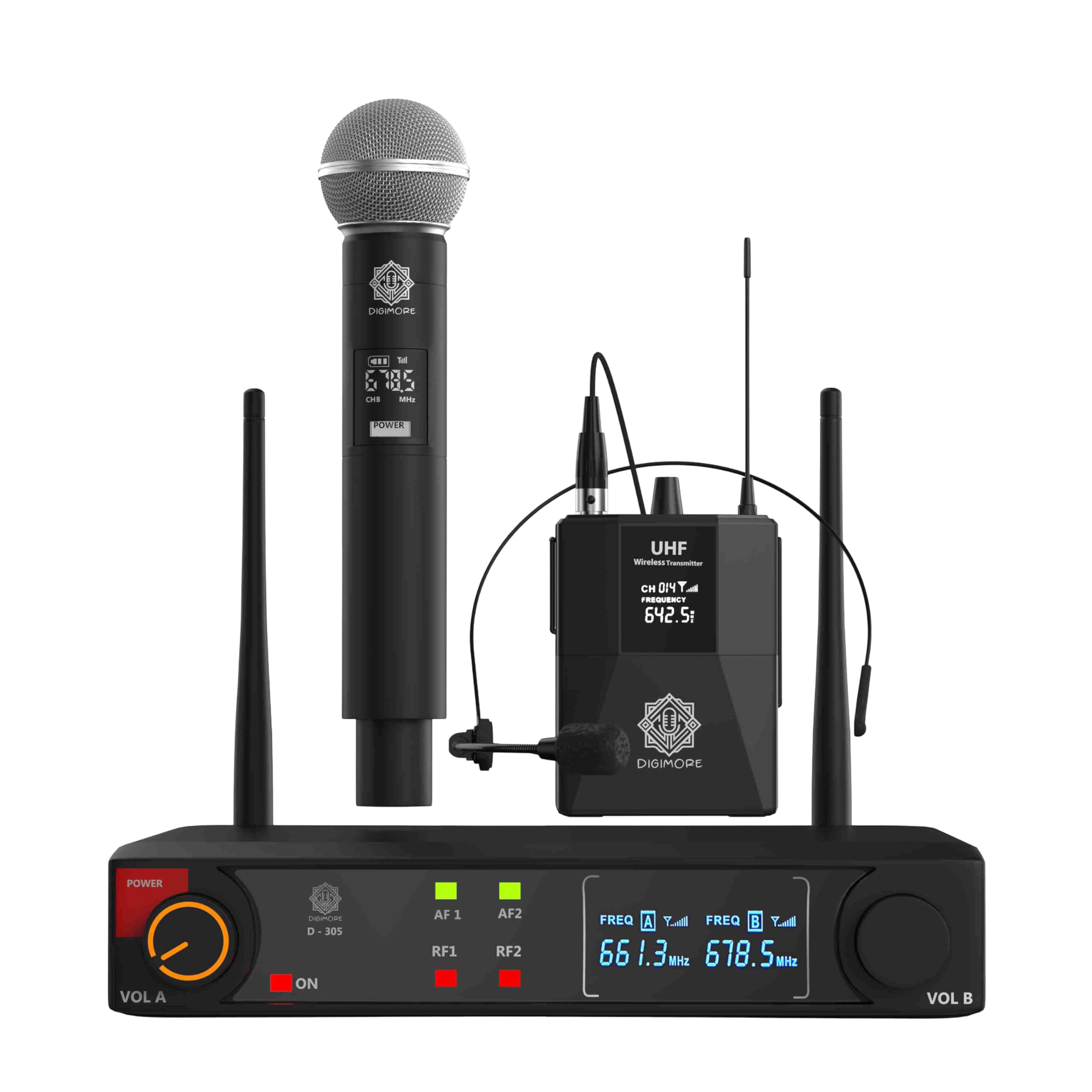 Digimore Uhf Wireless Microphone System | Cardioid Pickup | 1 Hand + 1 Head Mic W 3-Pin Mini Xlr | 197Ft Range | Balanced Xlr Ou