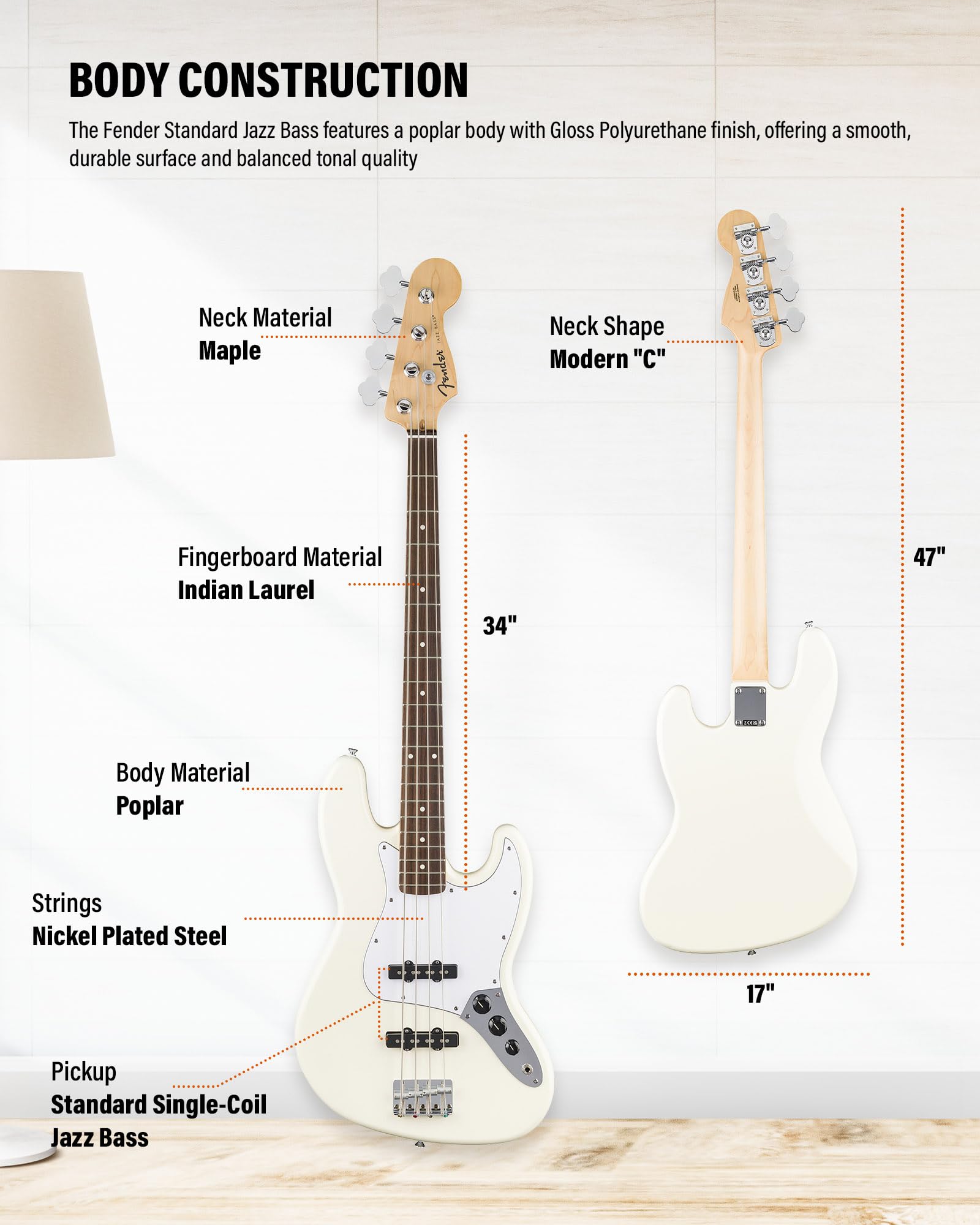 Fender Standard Jazz Bass - Olympic White Bundle with Strap, Guitar Cleaning Kit and Austin Bazaar Instructional Video