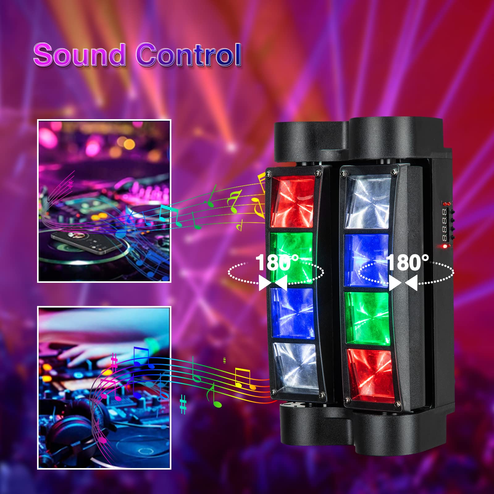 LUNSY Spider Moving Head DJ Lights, Disco Party Stage Lights Indoor, Lunsy 8x10W RGBW Sound Activated DMX-512 Control Strobe Bea