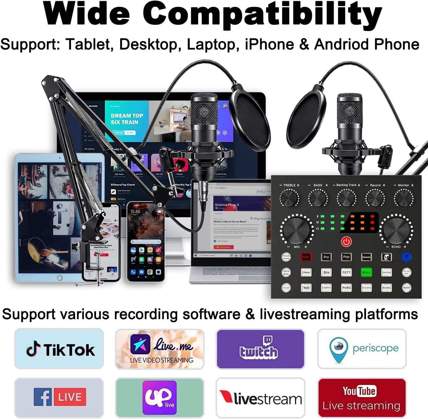 Podcast Equipment Bundle for 2, V8s DJ Mixer Voice Changer with BM-800 Podcast Microphone Bundle - Studio Condenser Microphone P