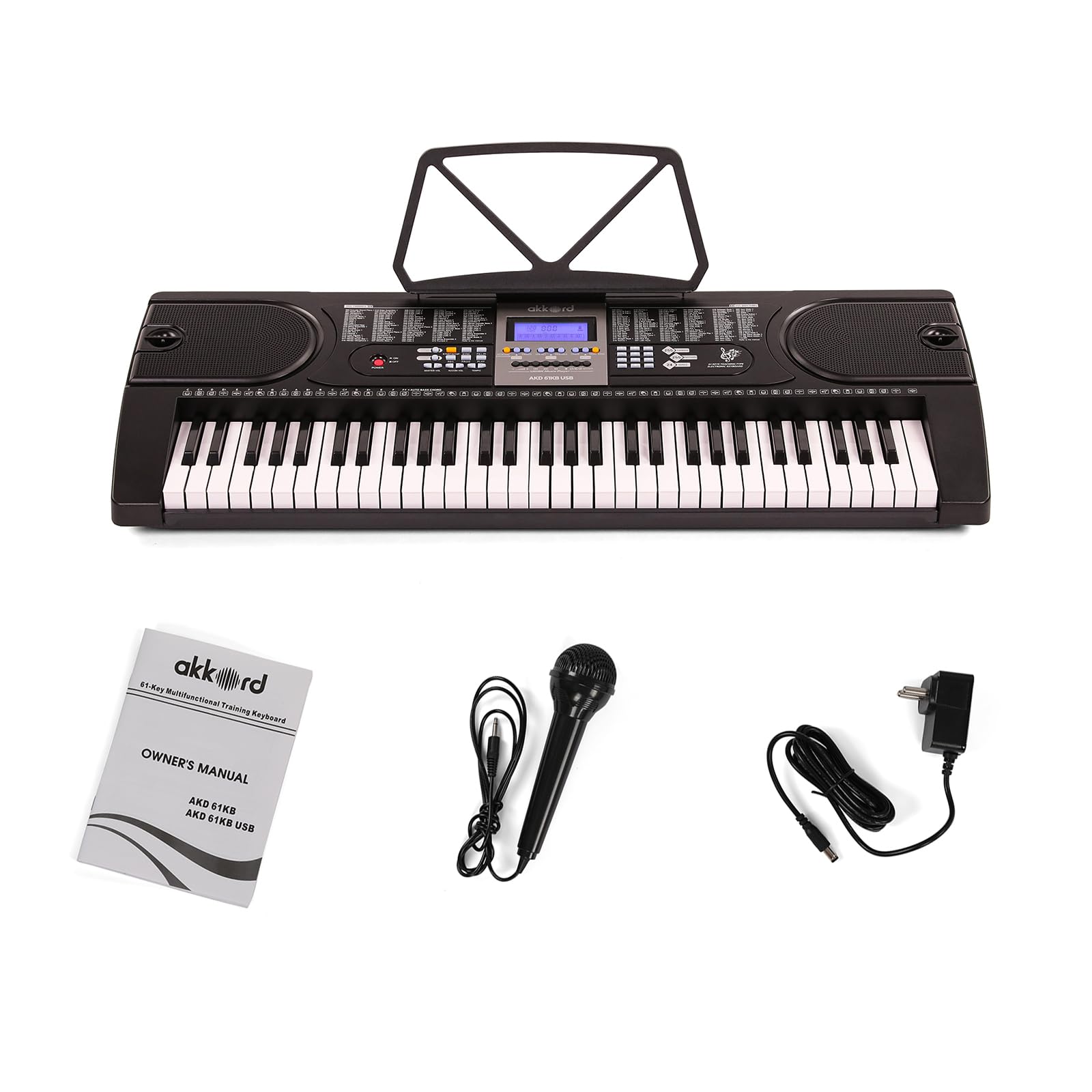 Akkord Akd 61Kb 61-Key Octave Electronic Keyboard With Adapter- Lcd Display| Usb Input| Mic |Music Sheet Stand | 255 Rhythms | 2