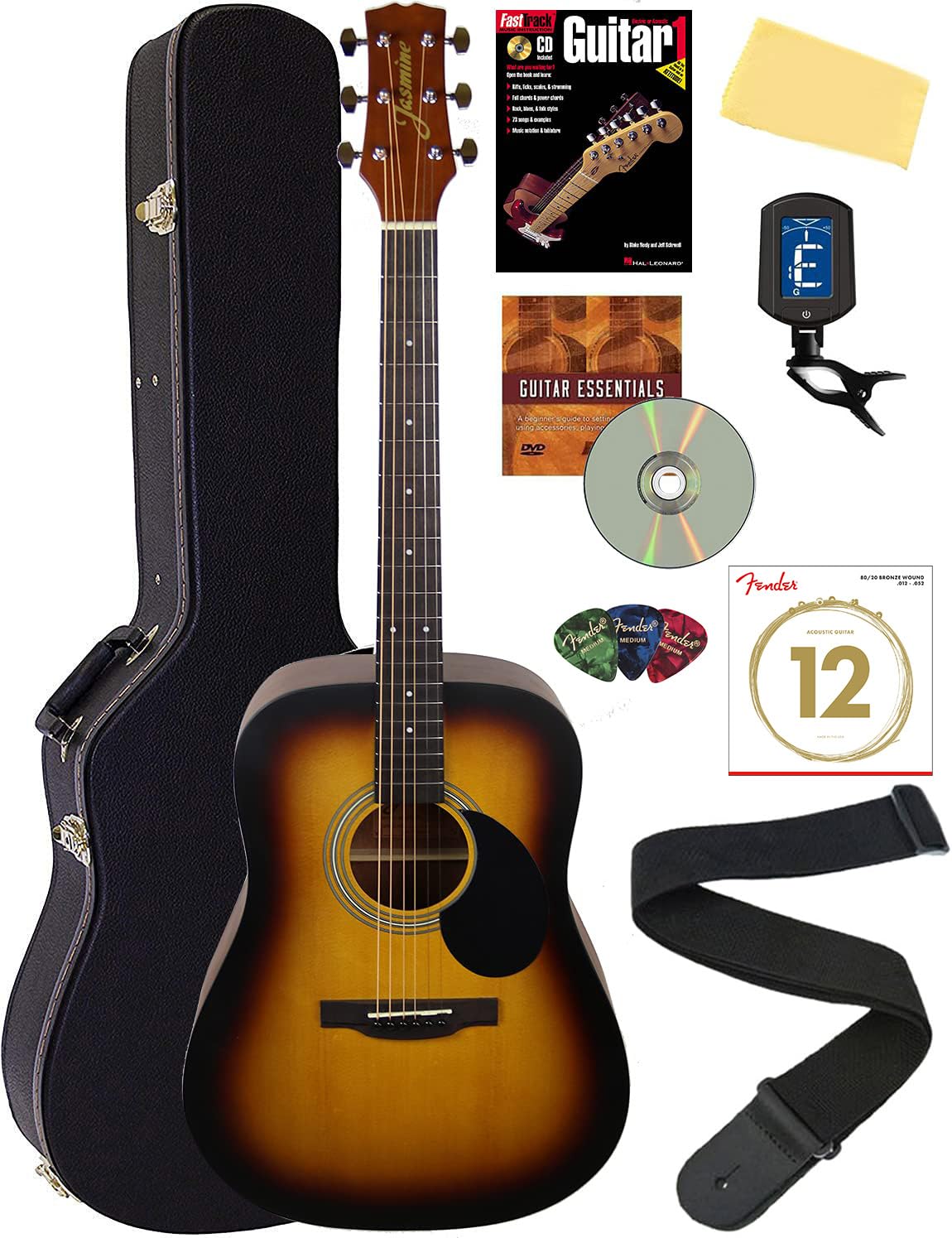 Jasmine S35 Dreadnought Acoustic Guitar - Matte Sunburst Bundle With Hard Case, Strings, Tuner, Strap, Picks, Instructional Book