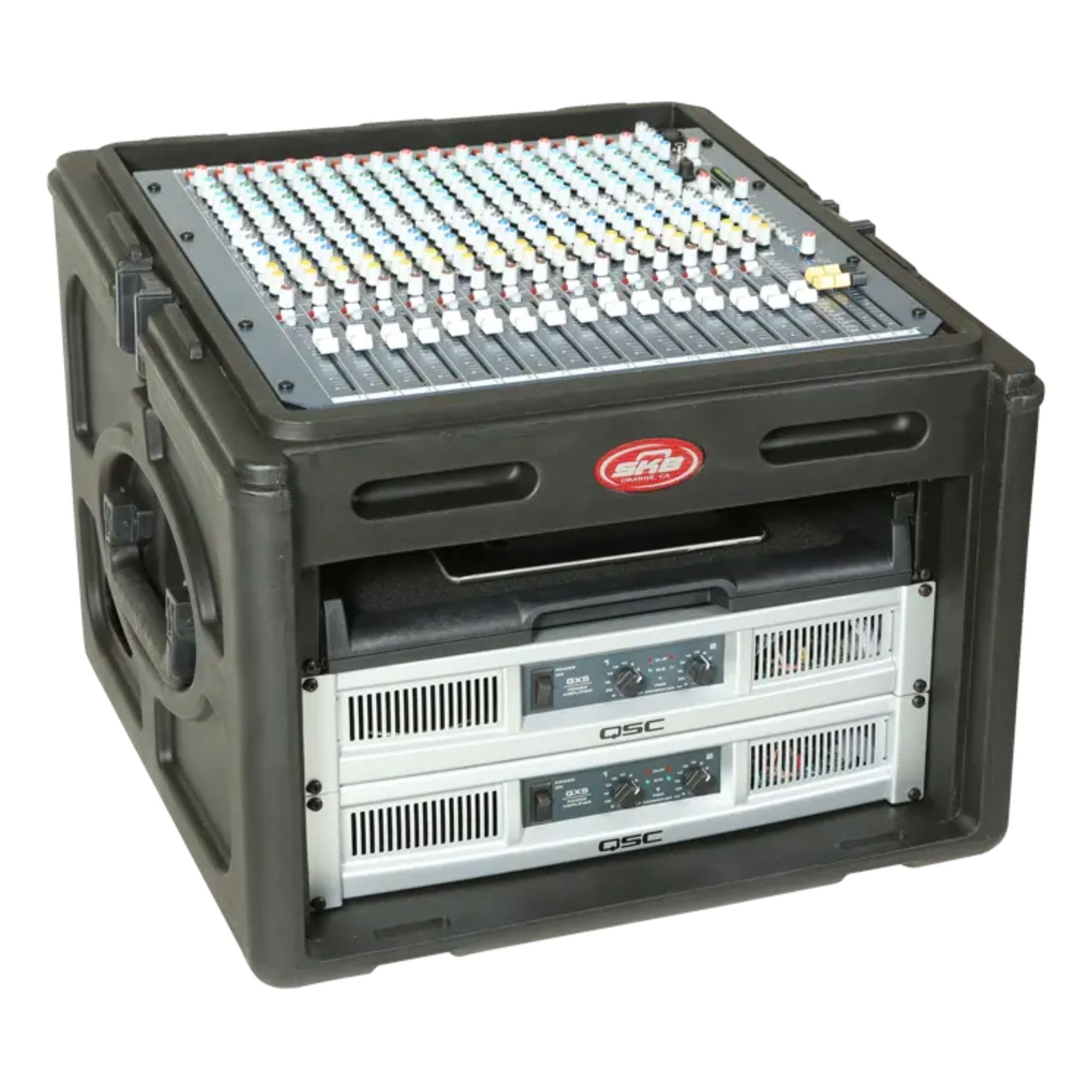 SKB Roto Rack/Mixer Console, 10U Slanted Rackmount on top, 6U Rackmount in Front with Steel Threaded Rails, Hard Lid and Doors a