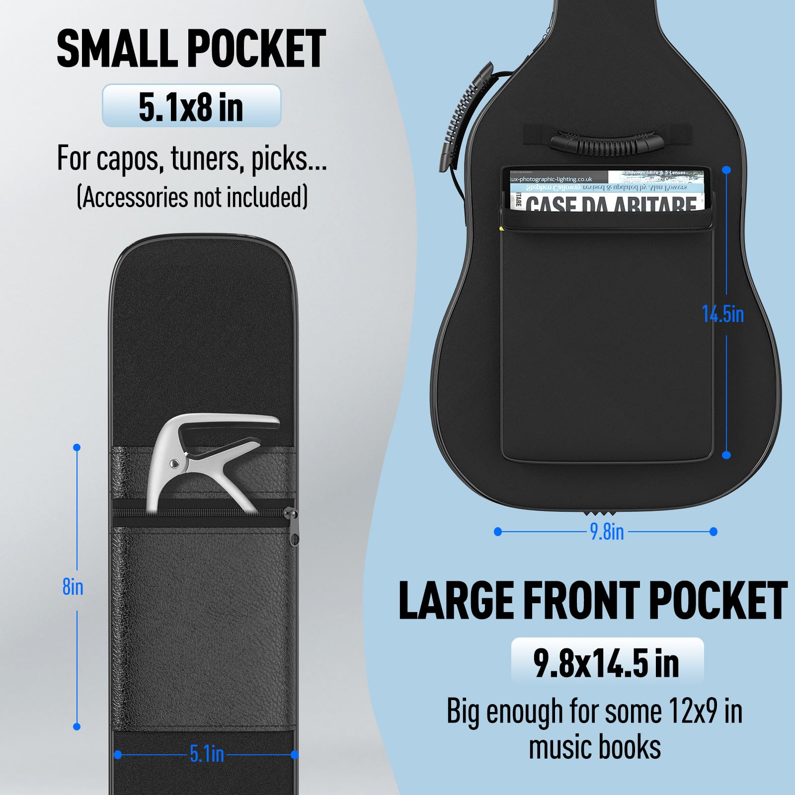 GLEAM Acoustic Guitar Gig Bag - 0.35 Inch Sponge Padding Fit 39-41 Inch Guitar Waterproof Black