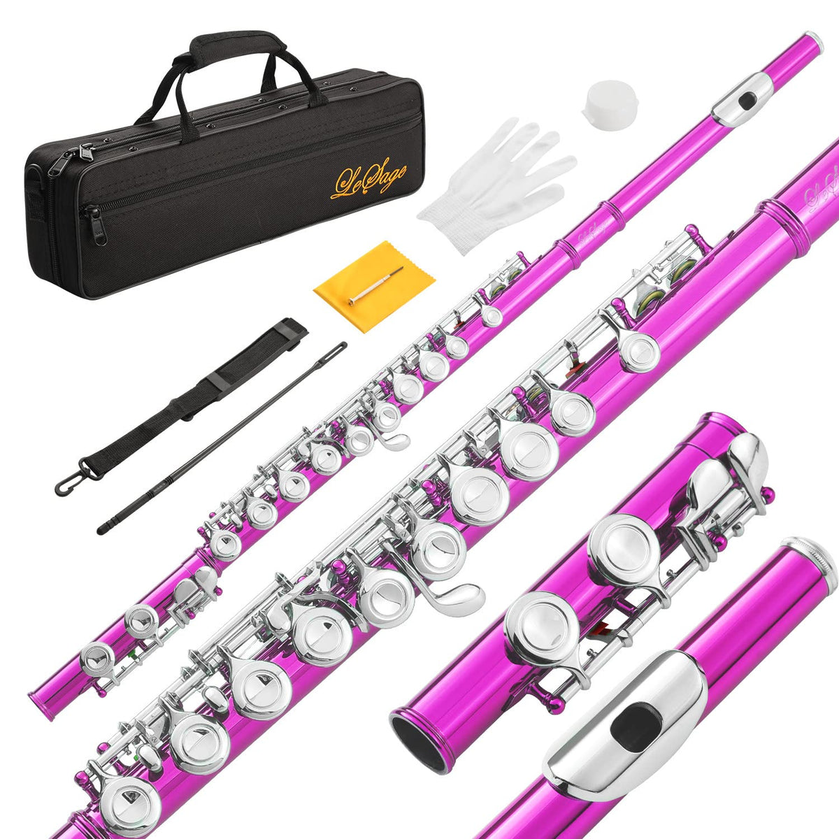 Lesage Flutes Closed Hole 16 Key Pink C Flute For Kids Beginner Starter Student With Flute Case Maintenance Kit Cleaning Cloth F