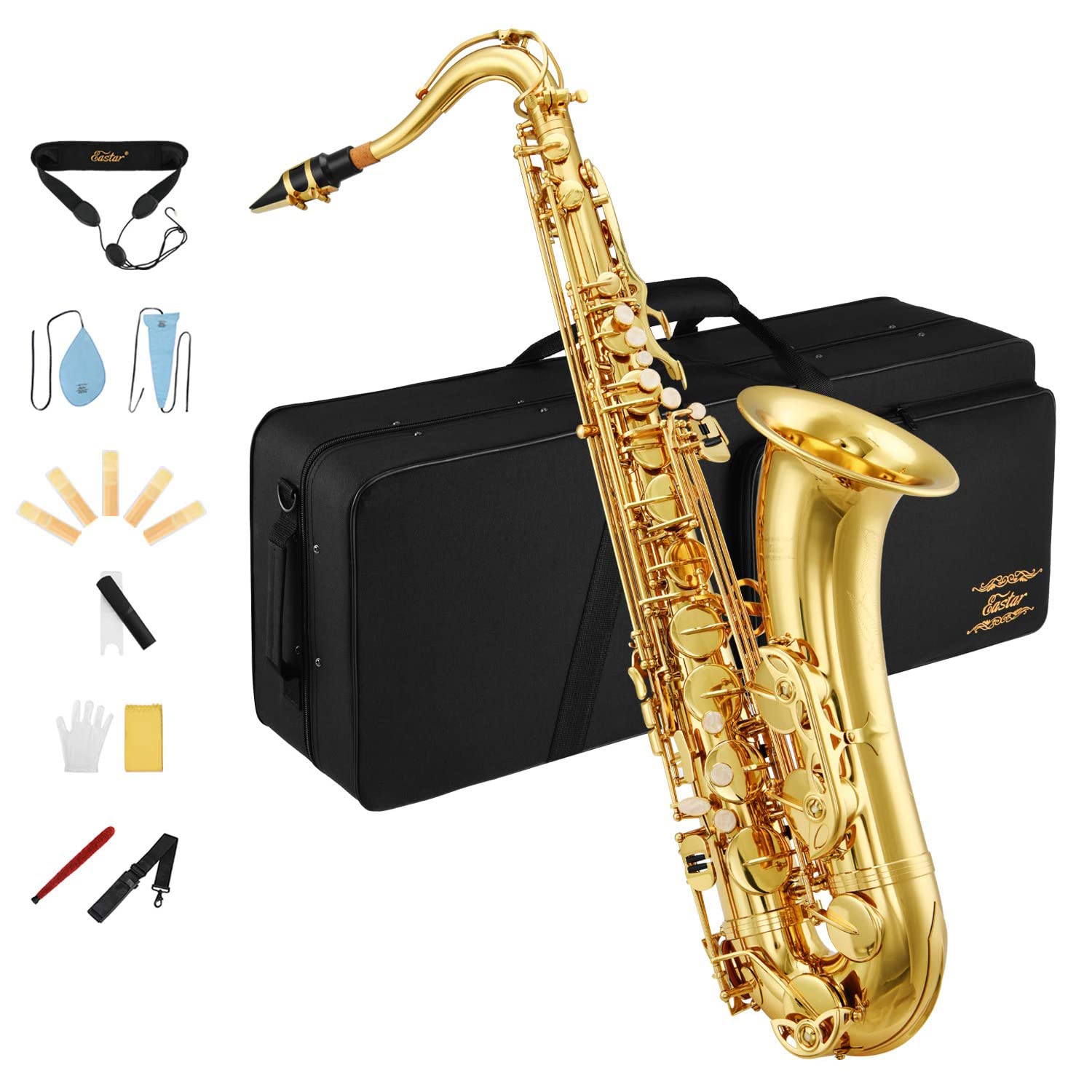 Eastar Tenor Saxophone Student Tenor Saxophone Bb Tenor Sax B Flat Gold Lacquer Beginner Saxophone With Cleaning Cloth,Carrying