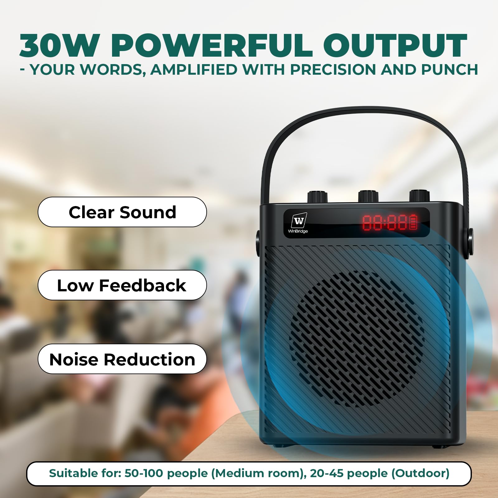 Voice Amplifier with Wireless Microphone & Speaker - Portable Bluetooth PA System, 30W Ultra-Light Rechargeable Hands-Free Megap