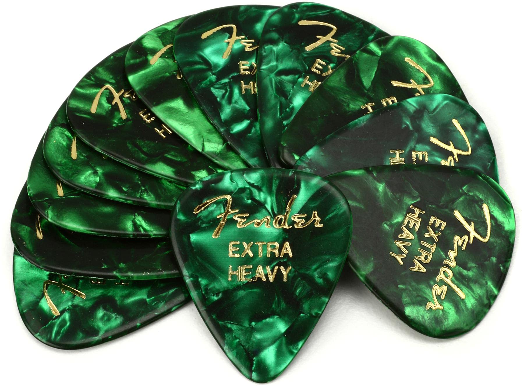 Fender Premium Celluloid Guitar Picks 351 Shape, Green Moto, Extra Heavy, 12-Pack