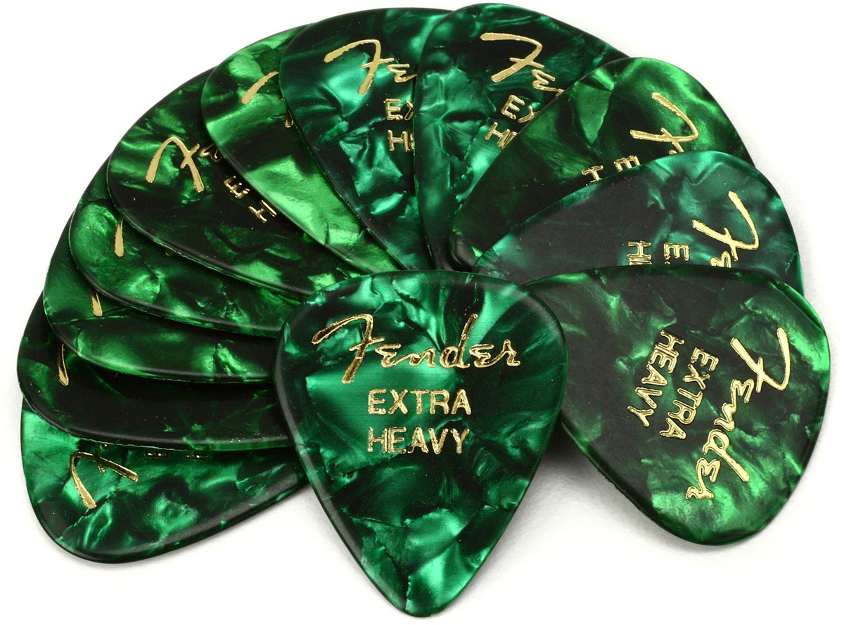 Fender Premium Celluloid Guitar Picks 351 Shape, Green Moto, Extra Heavy, 12-Pack