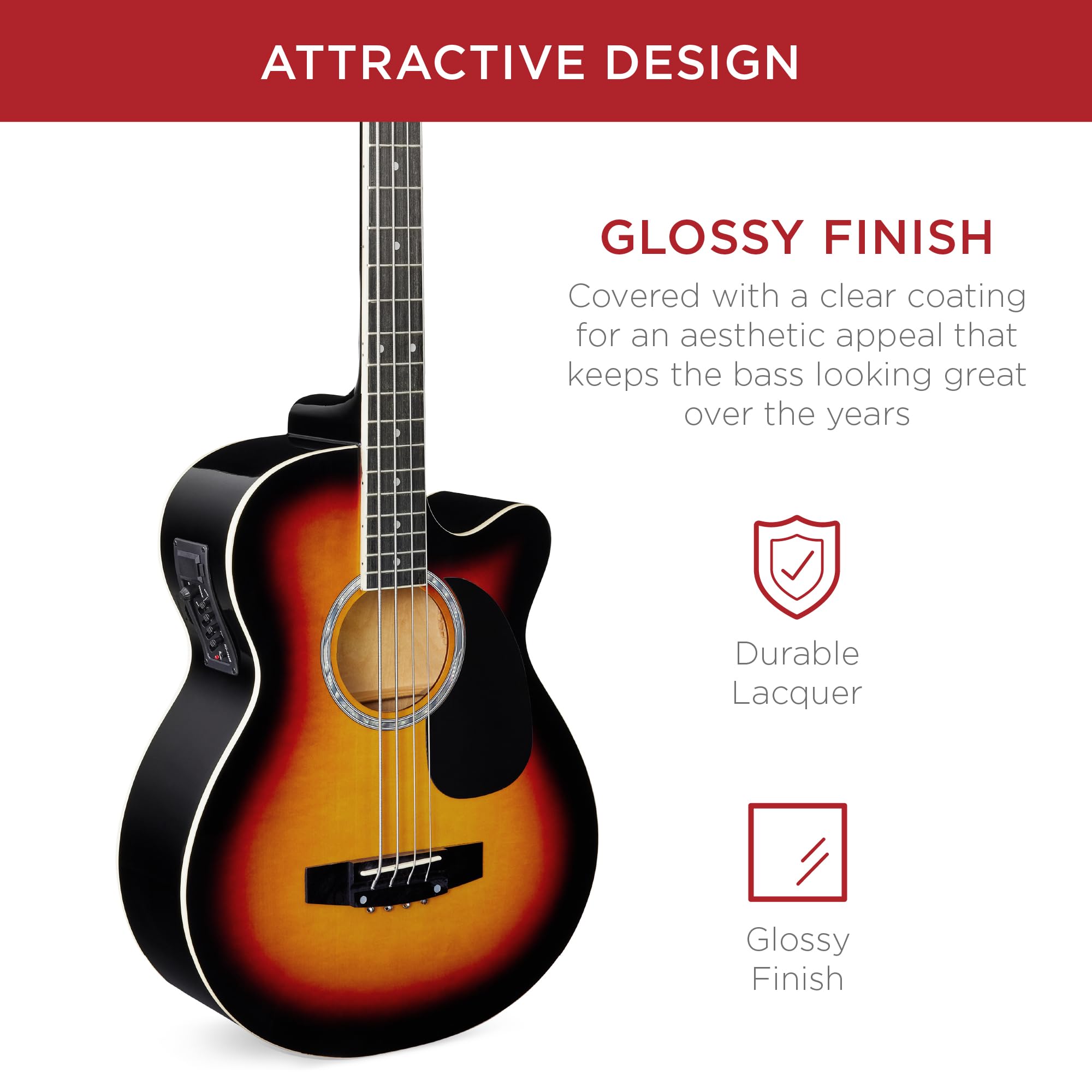 Best Choice Products Acoustic Electric Bass Guitar, Full Size 4 String, Fretted Bass Guitar w/Padded Gig Bag - Vintage Sunburst