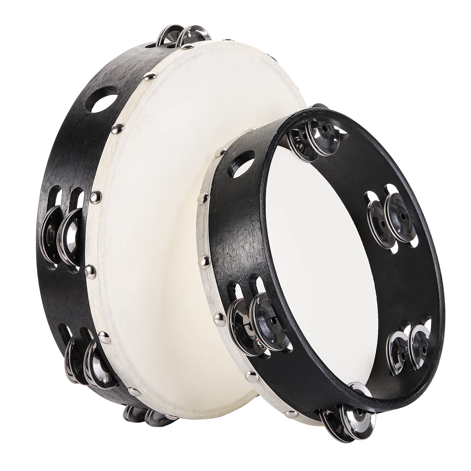 Foraineam 2 Pieces (8 Inch and 10 Inch) Wood Handheld Tambourine, Double Row Metal Jingle Bells Wooden Tambourine Drum Musical P