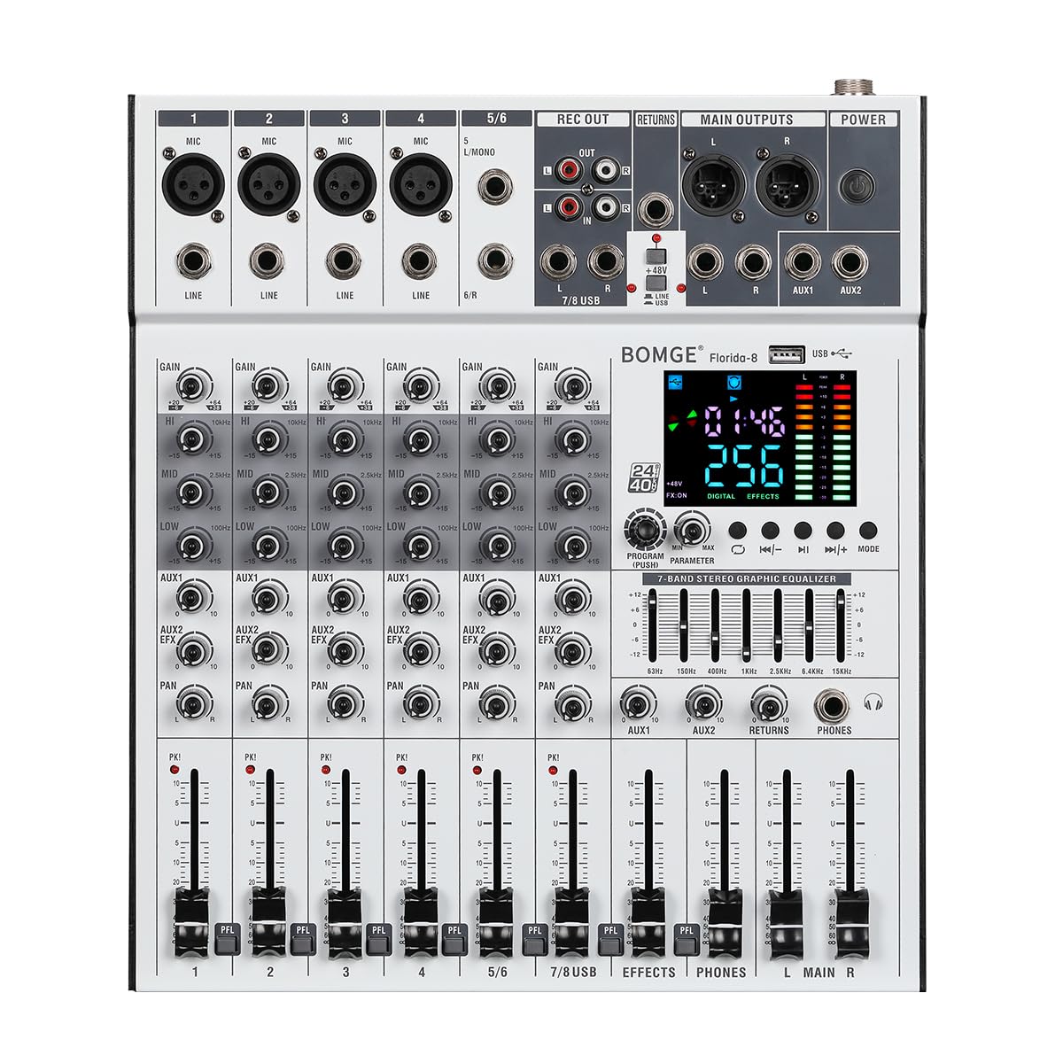 Bomge 8 Channel Mixer Audio Console,Professional Music Dj Mixing Board With 256Dsp Bluetooth Mp3 Player 48V 7-Stage Equalizer Su