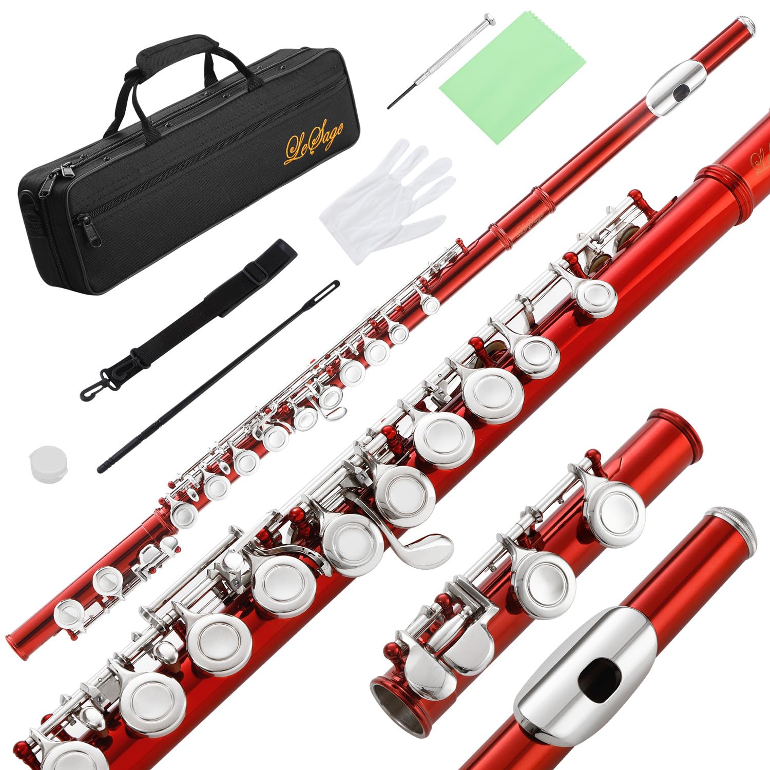 Lesage Closed Hole C Flutes 16 Key Bundy Flute For Beginner Student With Flute Case Maintenance Kit Cleaning Cloth Metal Red Flu