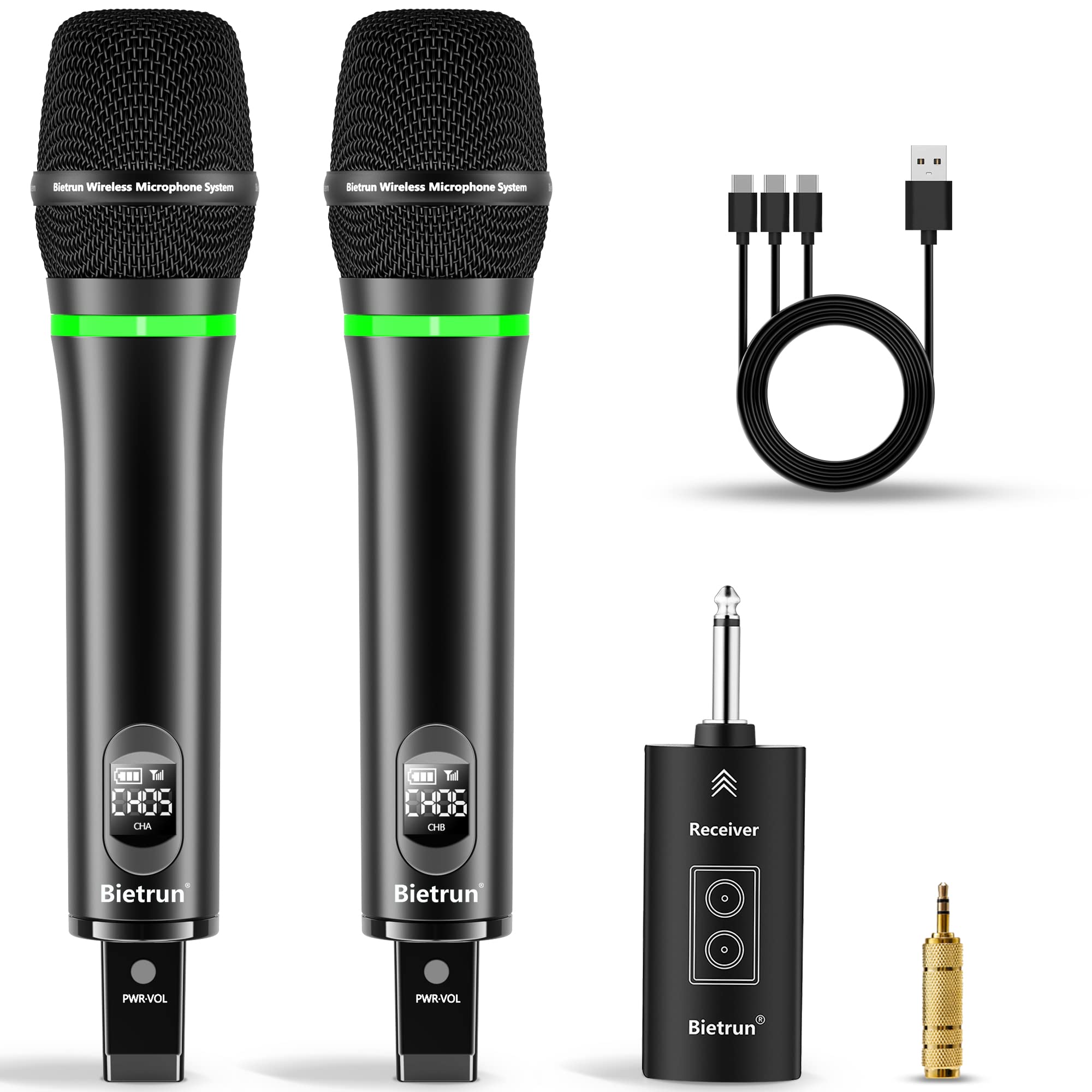 Bietrun Rechargeable Wireless Microphone For Singing, Karaoke,Dual Metal Cordless Handheld Dynamic Wireless Mics With 32Ft Bluet