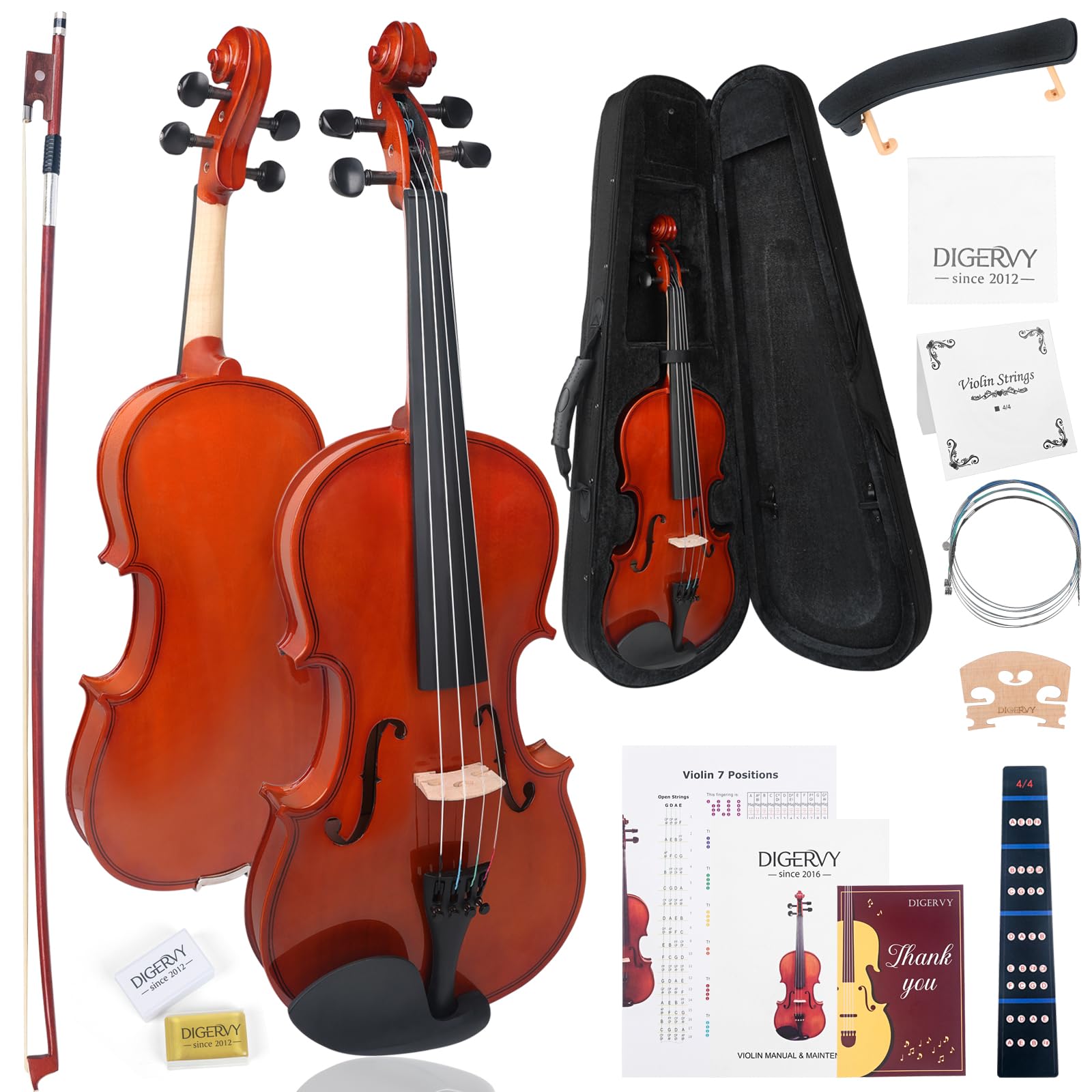 Violin 4/4 Full Size Kit, Violin Fiddle Set for Beginner Adults Students with Rosewood Bow, Violin Case, Shoulder Rest, Extra St
