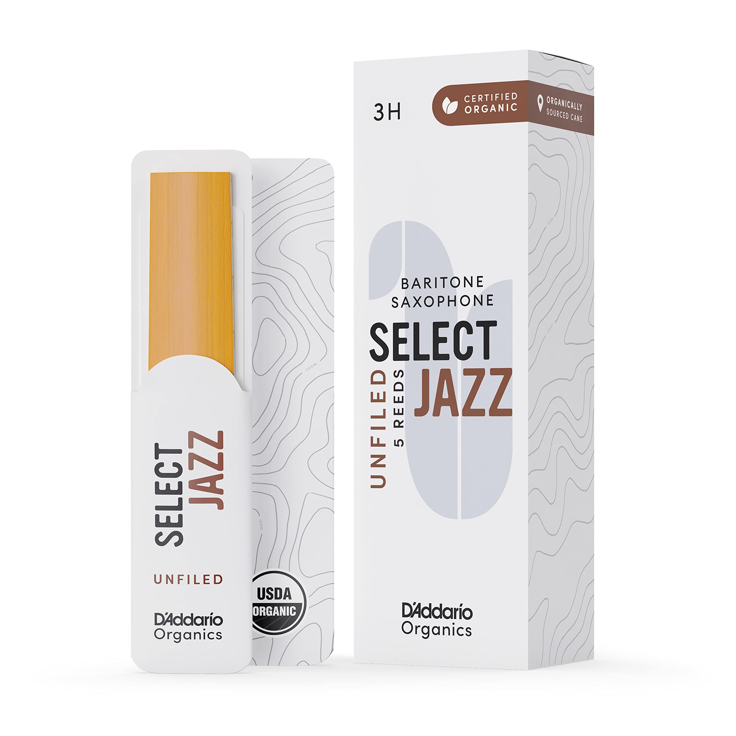DAddario Organic Select Jazz Unfiled Baritone Saxophone Reeds - Sax Reeds - Individually Sealed - 3 Hard, 5 Pack