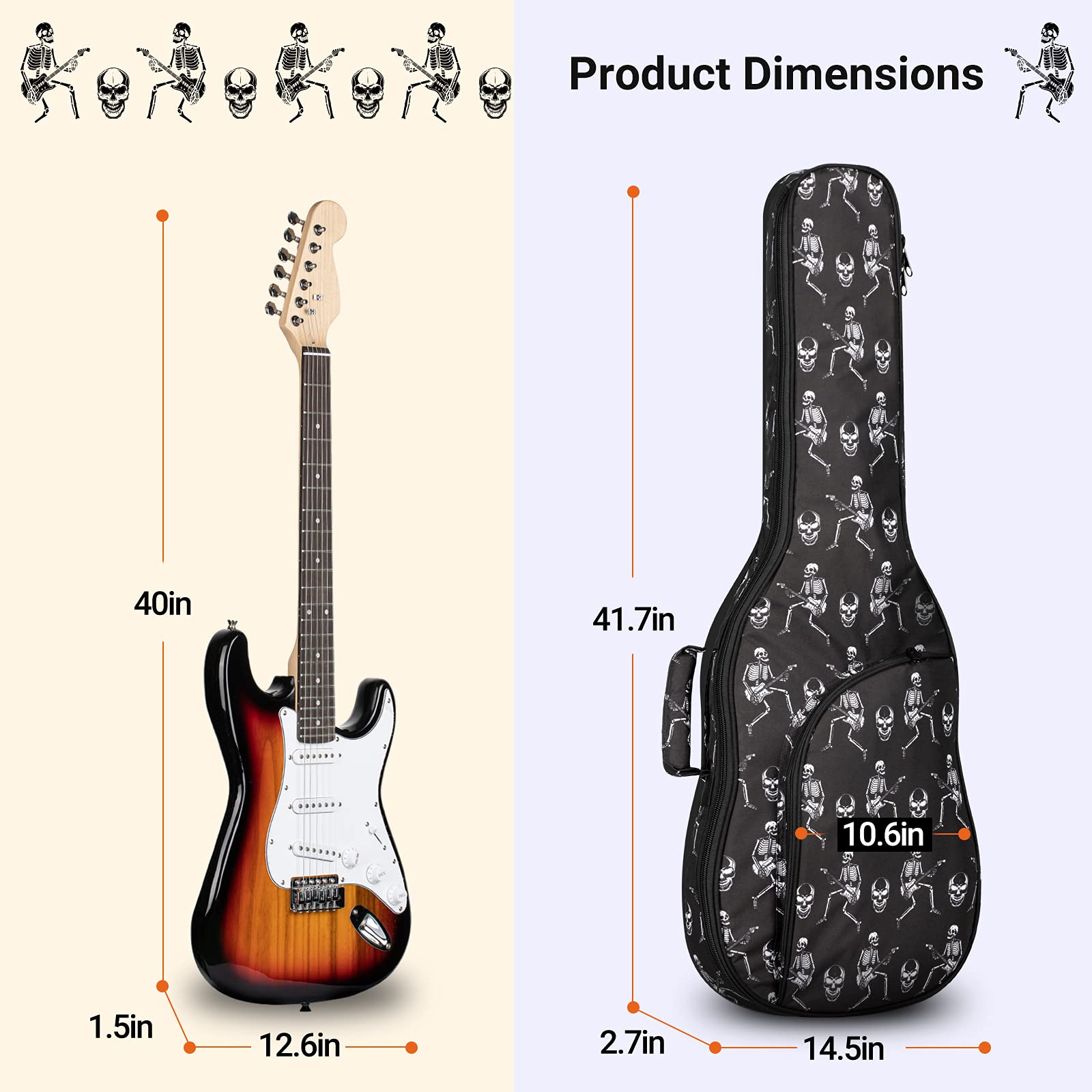 CAHAYA Electric Guitar Gig Bag Printing Soft Guitar Case 8mm Padding Guitar Bag Backpack with Handle Loop Halloween Skeleton CY0