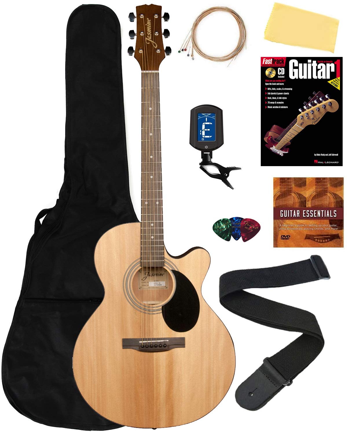 Jasmine S34C Nex Cutaway Acoustic Guitar - Natural Bundle With Gig Bag, Strings, Tuner, Strap, Picks, Instructional Book, Dvd, A