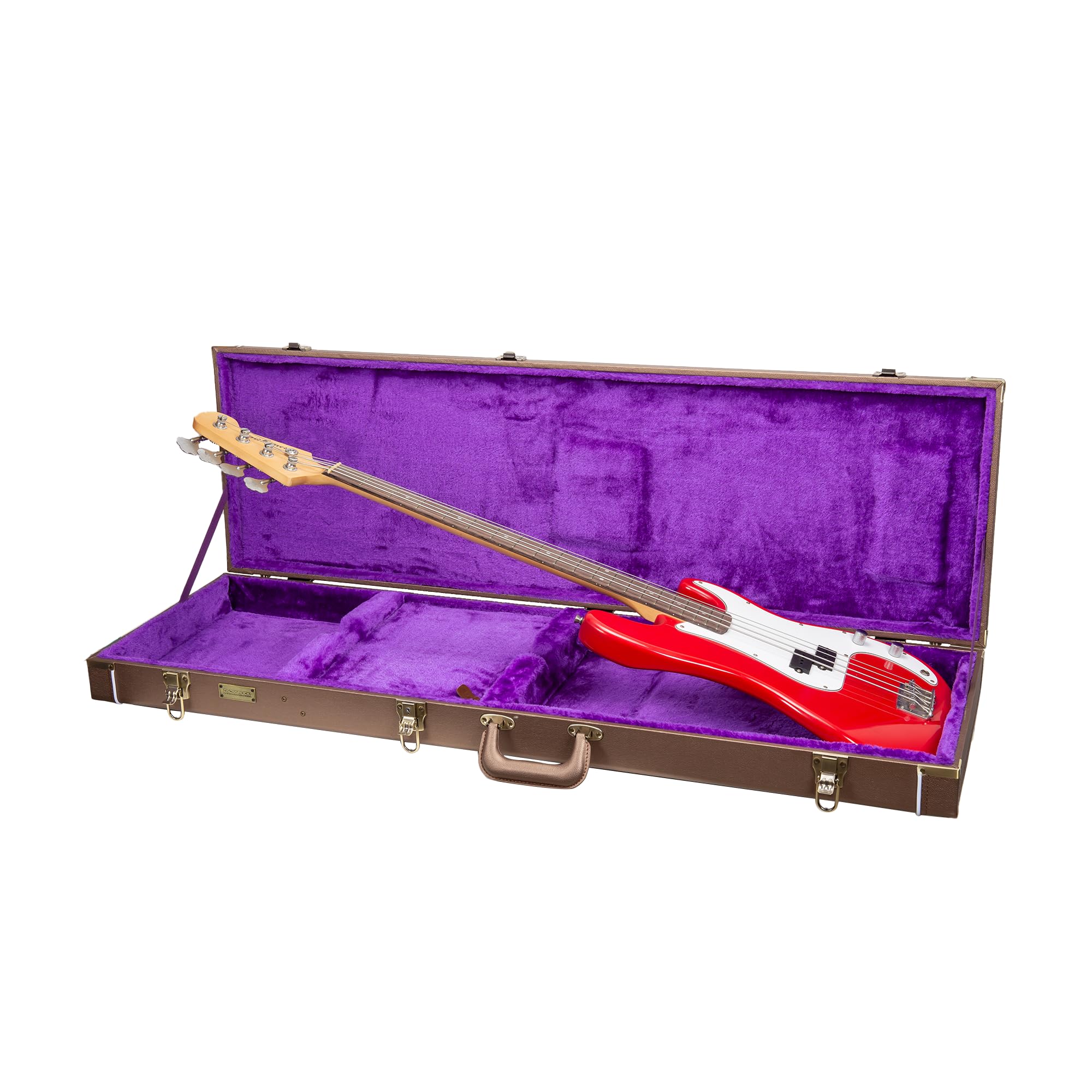Crossrock Wooden Bass Guitar Case For Fender Precision & Jazz | Chocolate Brown Finish, Purple Velvet Interior, Lock - Designer