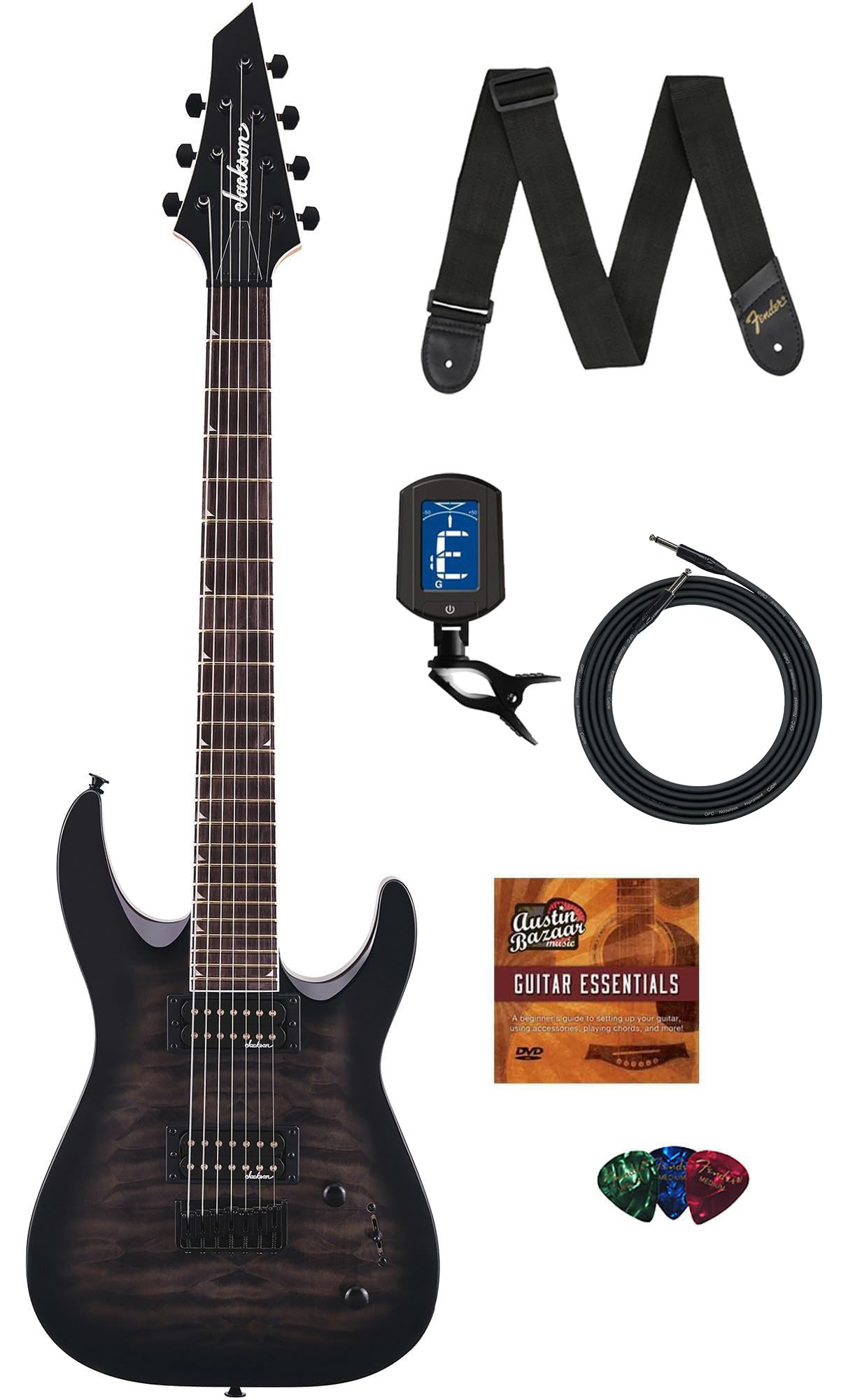 Jackson Dinky Arch Top Js22Q-7 Electric Guitar - Transparent Black Burst Bundle With Cable, Tuner, Strap, Picks, And Austin Baza