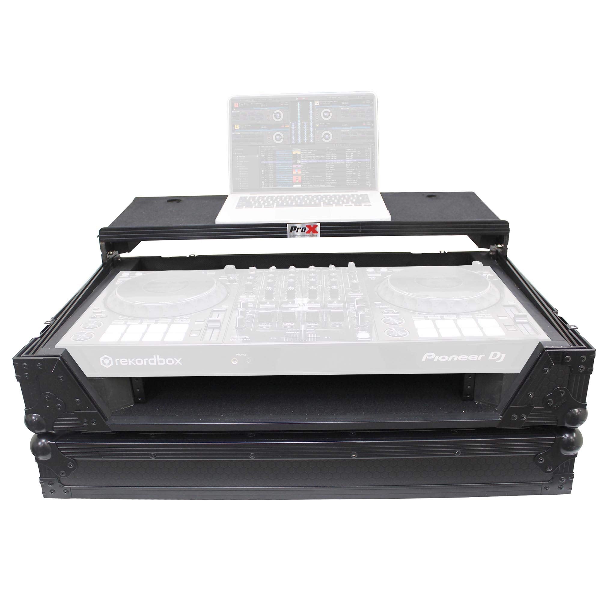 ProX Flight Case for Pioneer DDJ-1000 & DDJ-1000 SRT Digital Controller with Sliding Laptop Shelf & Wheels - Black on Black Desi