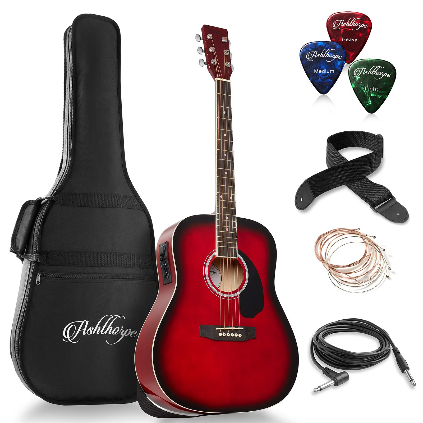 Ashthorpe Full-Size Dreadnought Acoustic-Electric Guitar Bundle - Premium Tonewoods - Red