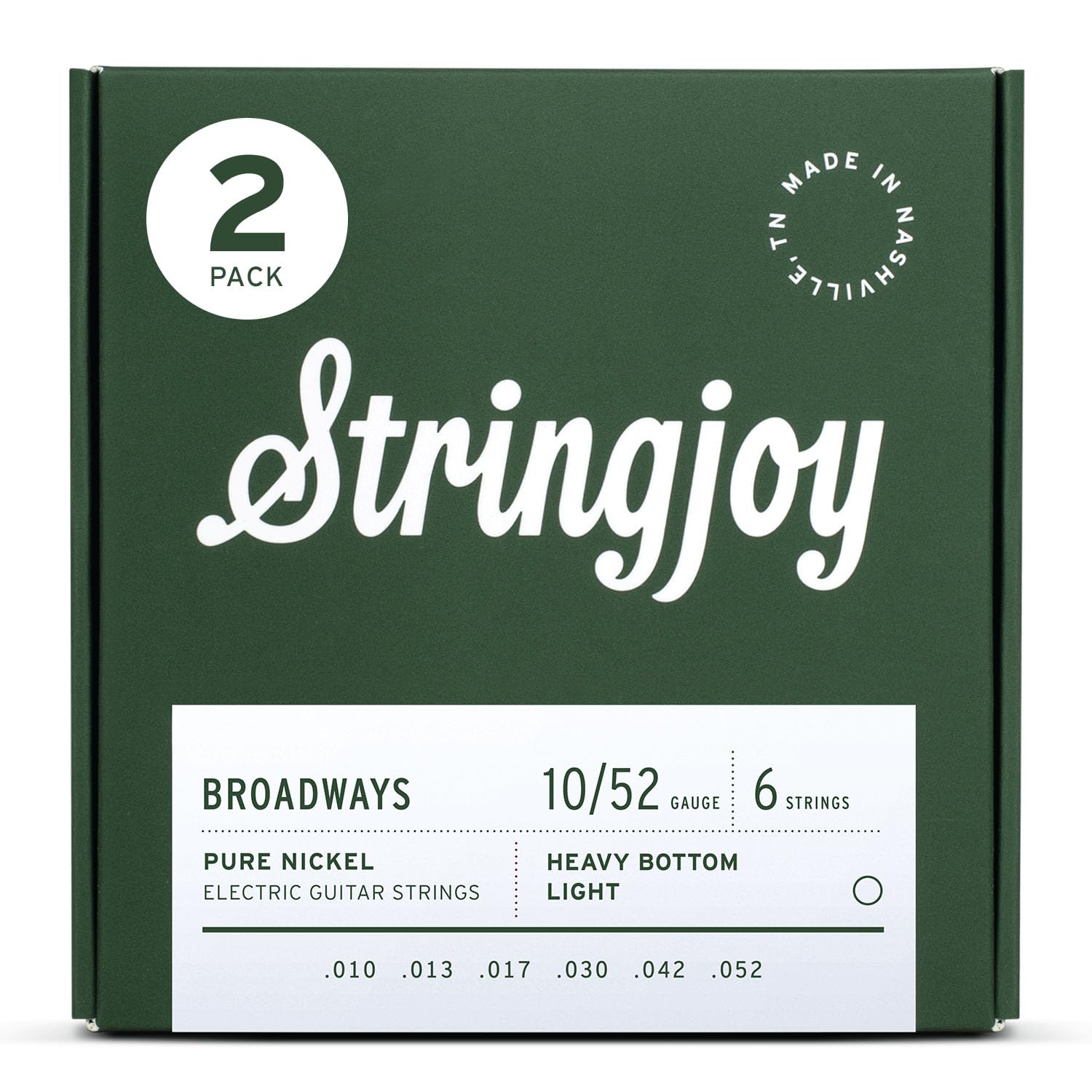 Stringjoy Heavy Bottom Light Gauge Broadways Pure Nickel Electric Guitar Strings 10-52, BR1052, Vintage Sound & Exceptional Feel