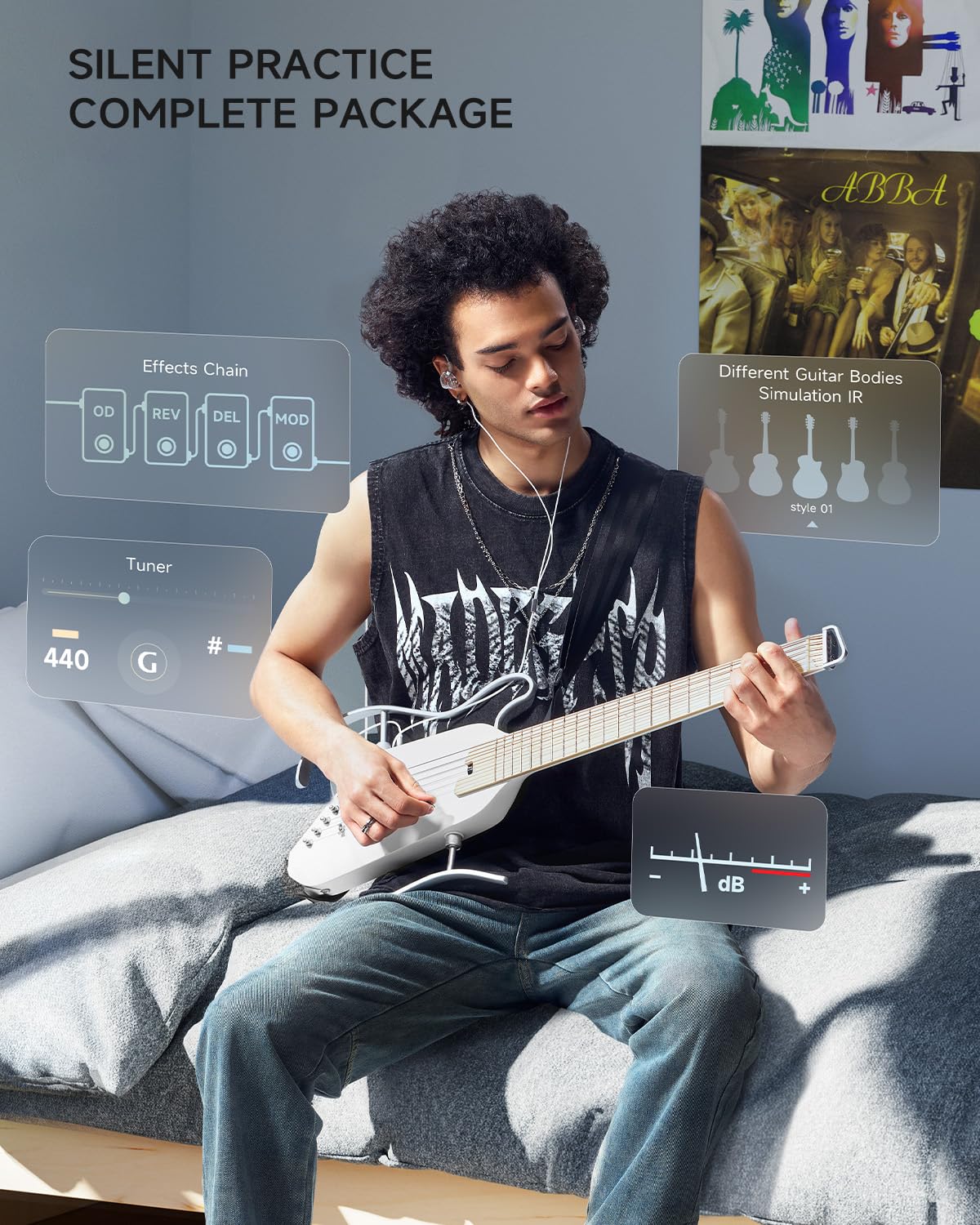 Donner Acoustic Electric Guitar HUSH I PRO Travel Guitar with Multiple Effect Modes Smart Guitarra Kit of Earphone, Gig Bag, Str