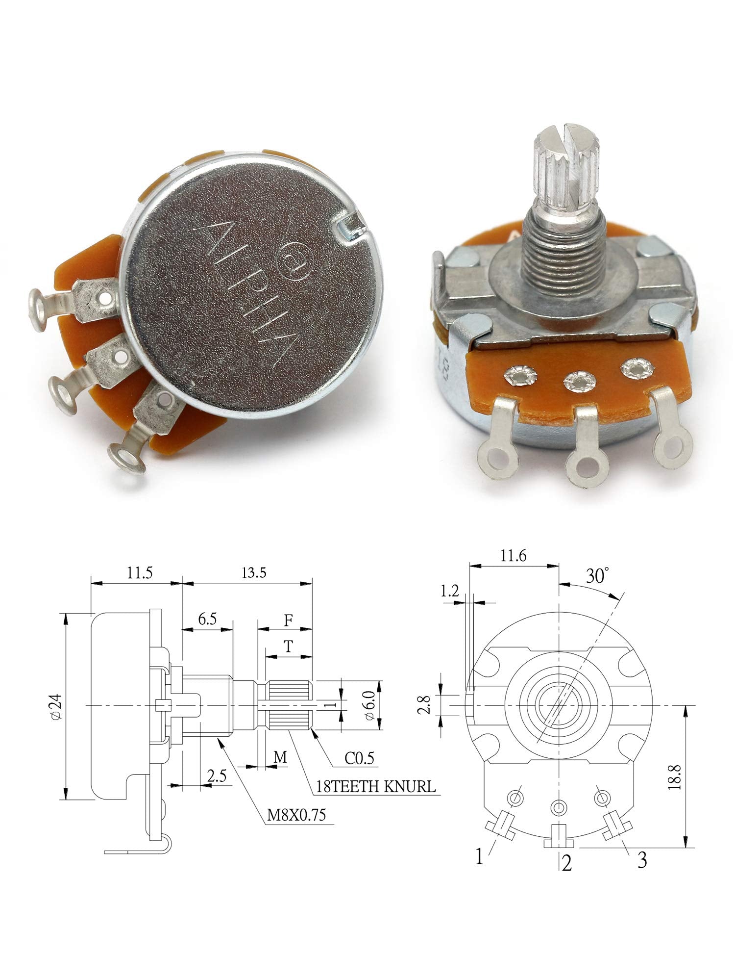 Metallor Alpha Pots Log A250k Volume Audio Potentiometer Electronics for Electric Guitar or Bass Guitar. (Larger A250k)