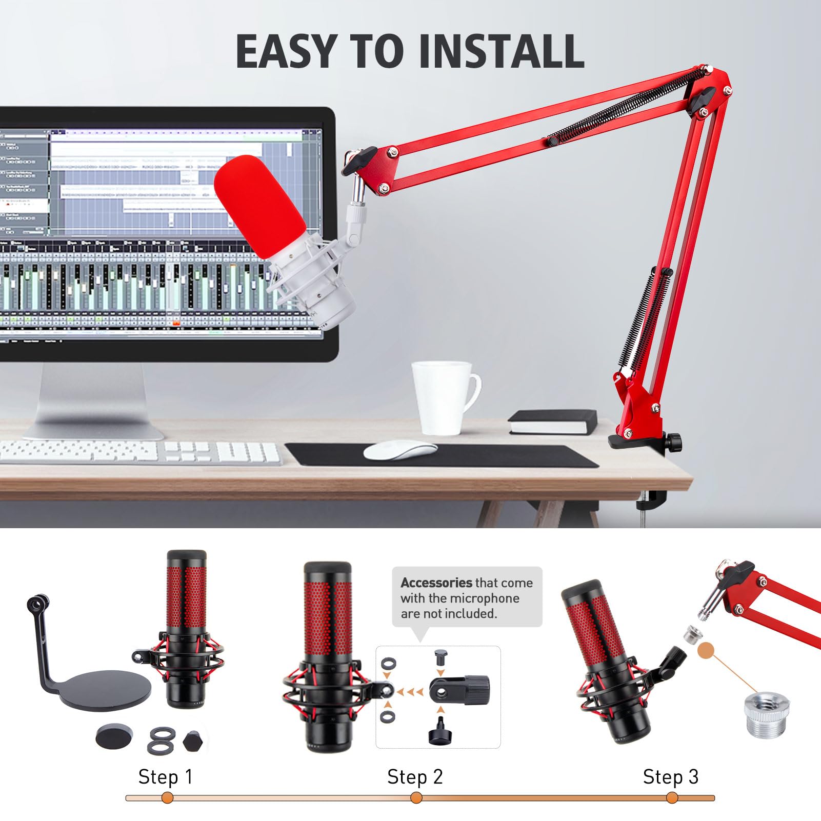 SUNMON HyperX QuadCast Boom Arm - Red Boom Arm for Hyper x QuadCast with Red QuadCast Pop Filter, Sound Insulation and Noise Red