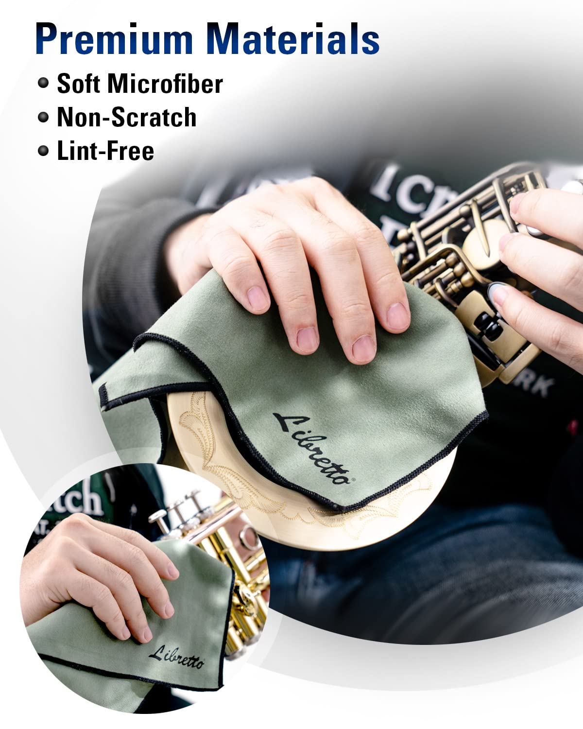 Libretto Microfiber Polish Cloth for Musical Instrument, 3 Sizes in 1 Pack, Trumpet and Brass Cleaning Product, Green, Lint-Free