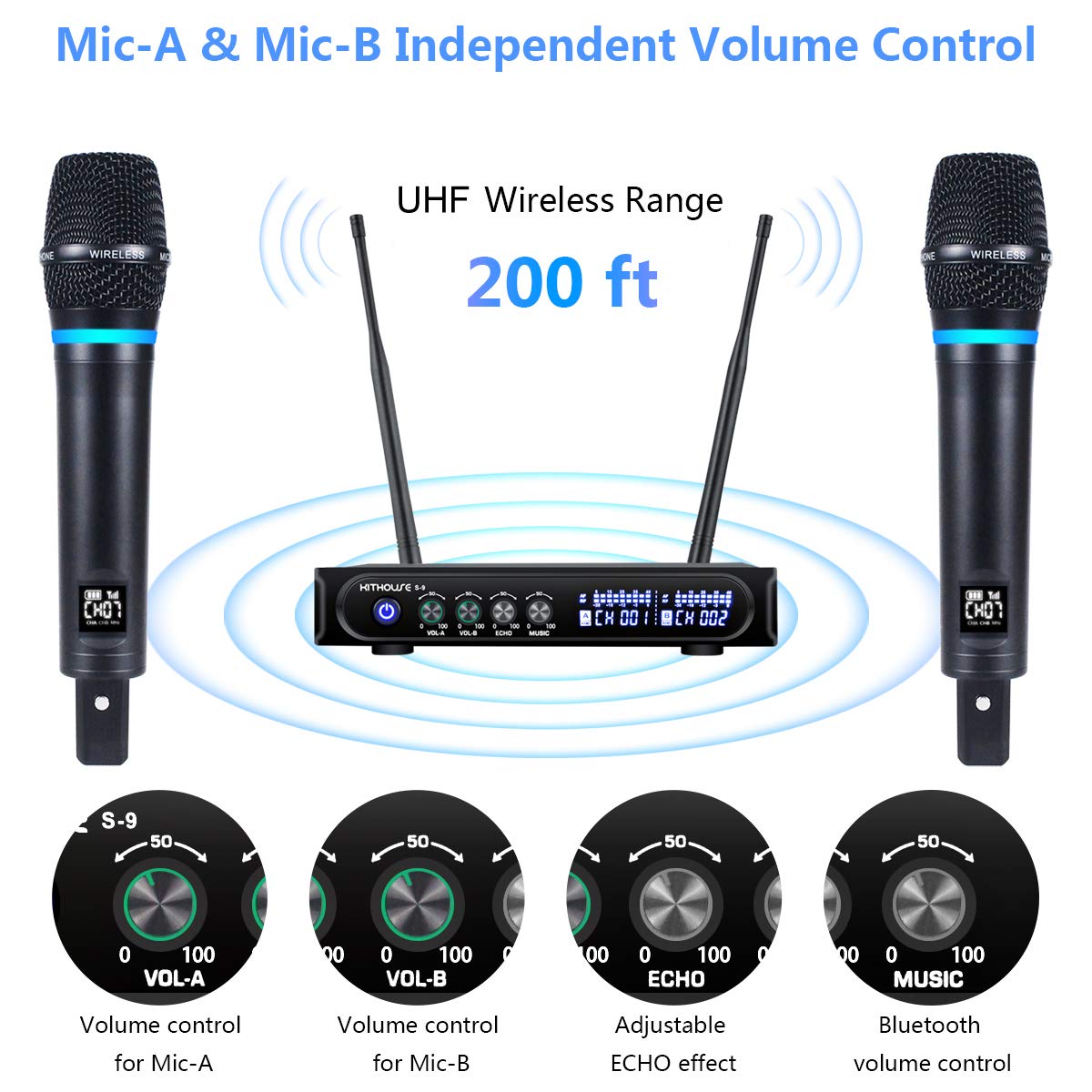 Kithouse S9 UHF Rechargeable Wireless Microphone System Karaoke Microphone Wireless Mic Cordless Dual with Bluetooth Receiver Bo