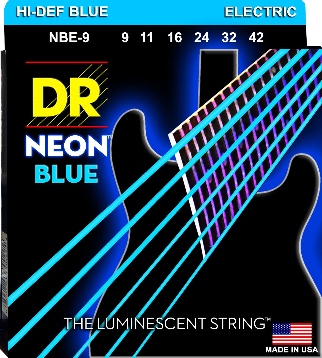 Dr Strings Nbe-9 Hi-Def Neon Blue Colored Electric Guitar Strings, Light String, 9-42