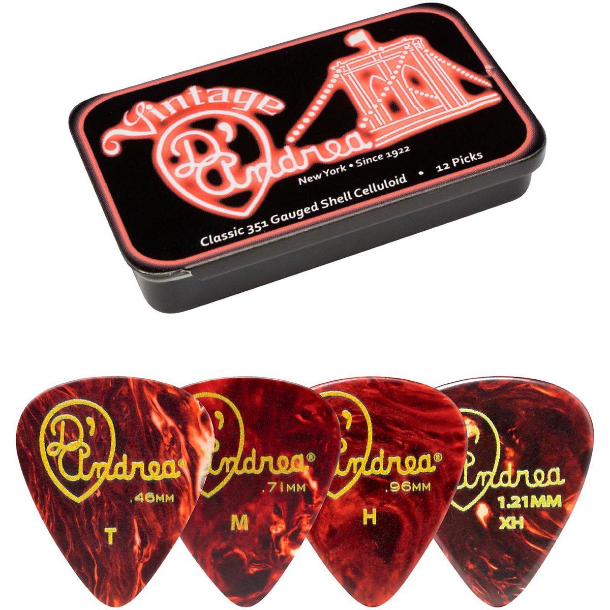 D'Andrea Tnvsm Guitar Picks, 12-Piece, Collectible Tin, Shell, Medium