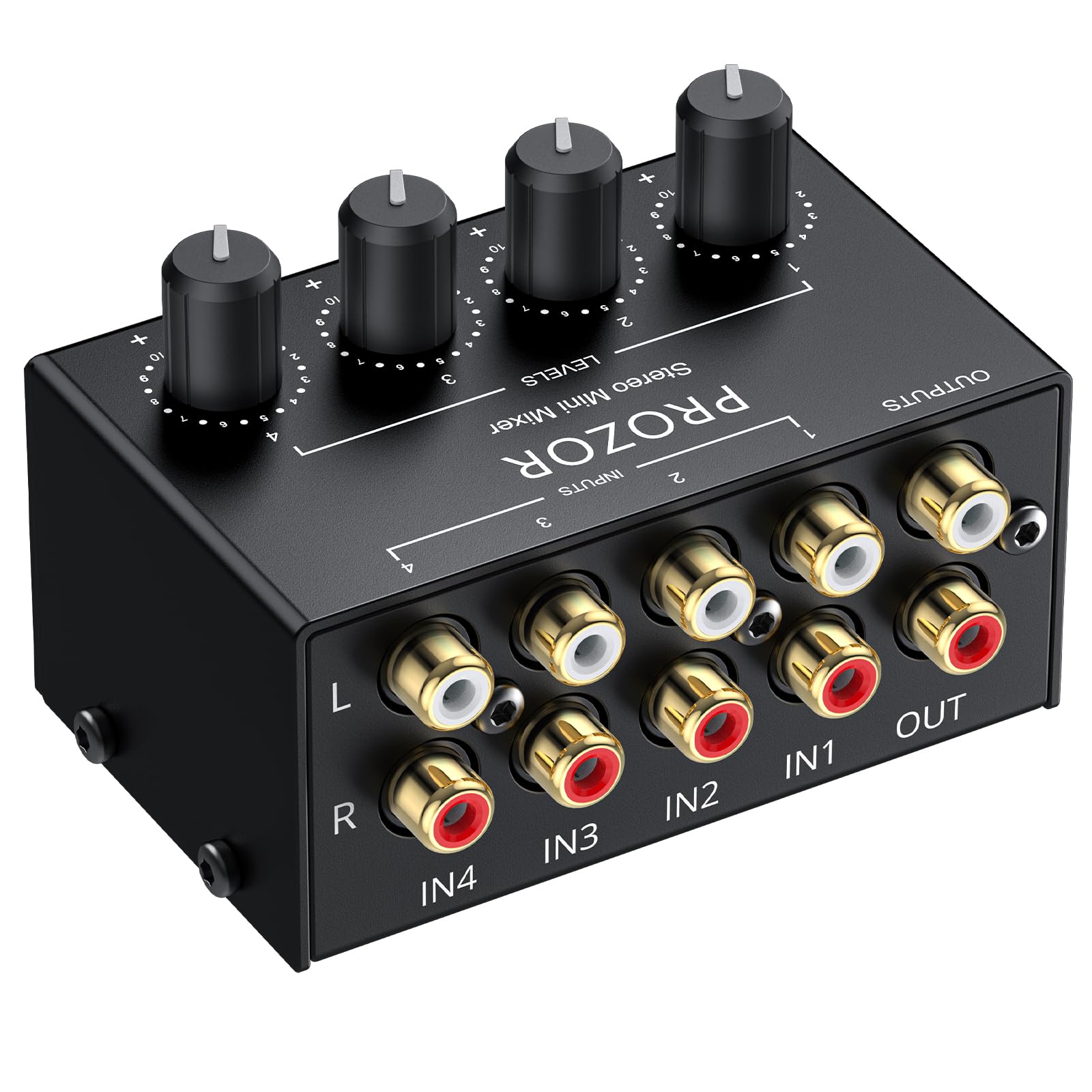 PROZOR 4-Channel Stereo Audio Mixer, RCA Input with Independent Volume Controls, Metal Housing, Ultra Low Noise, for TV/PC Mixin