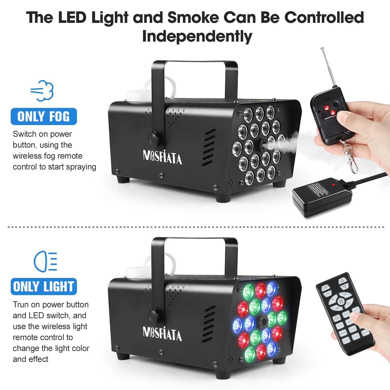 Fog Machines with Lights, MOSFiATA 600W Smoke Machine with 18 RGB LED Lights, 2300 CFM Spray, Remote Control, Perfect for Hallow
