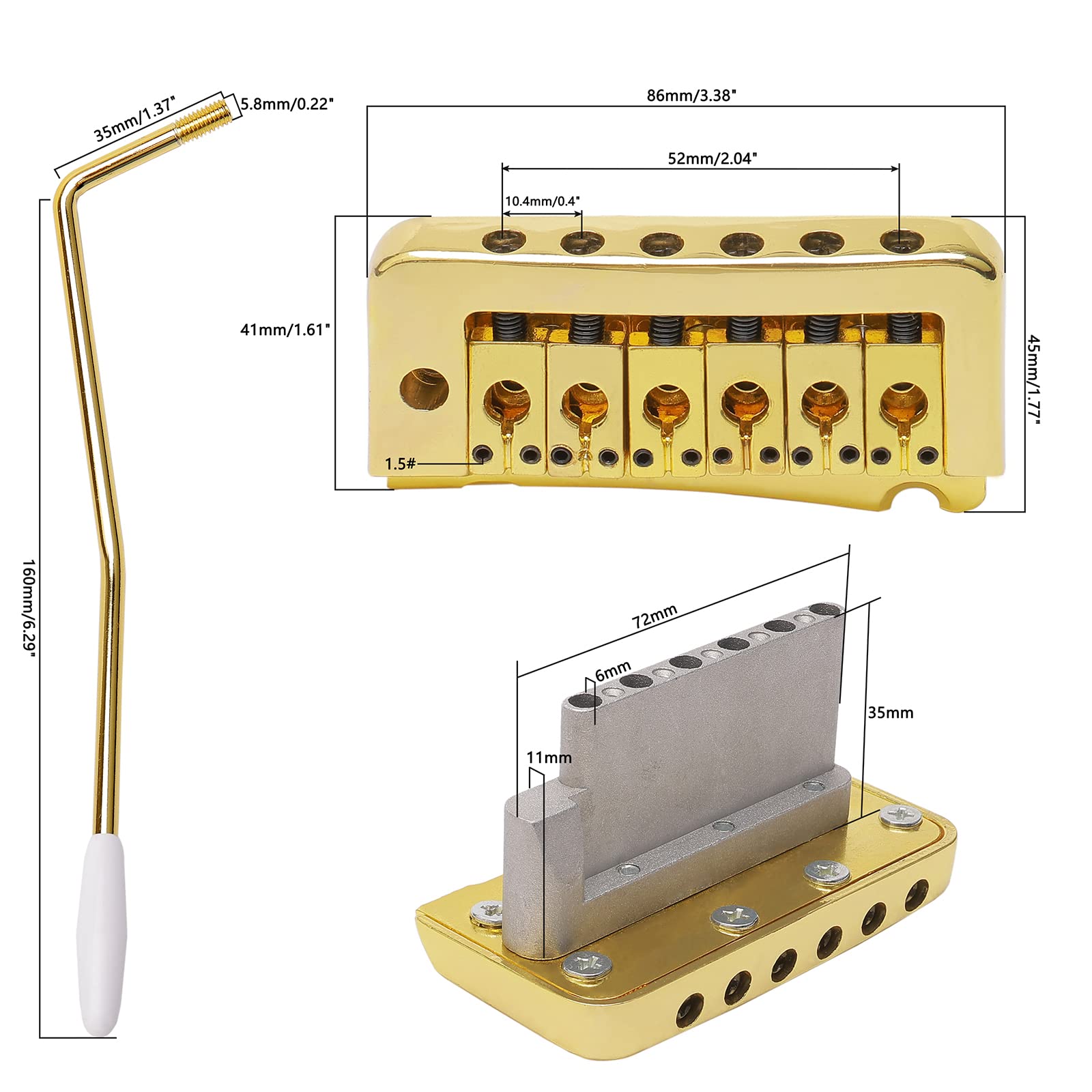 Unxuey 52mm Guitar Stratocaster Tremolo Bridge 6 String Individual Saddle for SQ Fender Strat Style Electric Guitar(Gold)