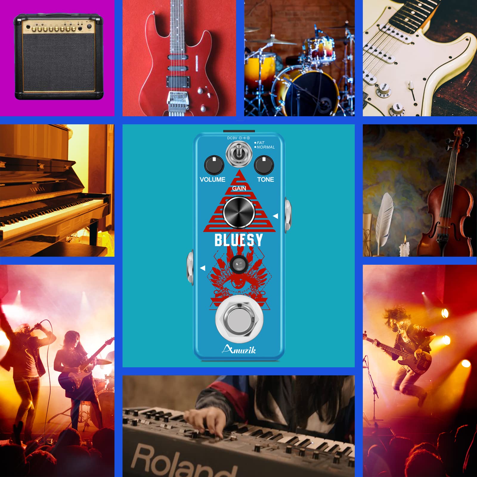 Amuzik Blues King Overdrive Guitar Pedals Analog Vintage Bluesy Distortion Effect Pedal Wide Range Frequency Response 2 Modes Tu